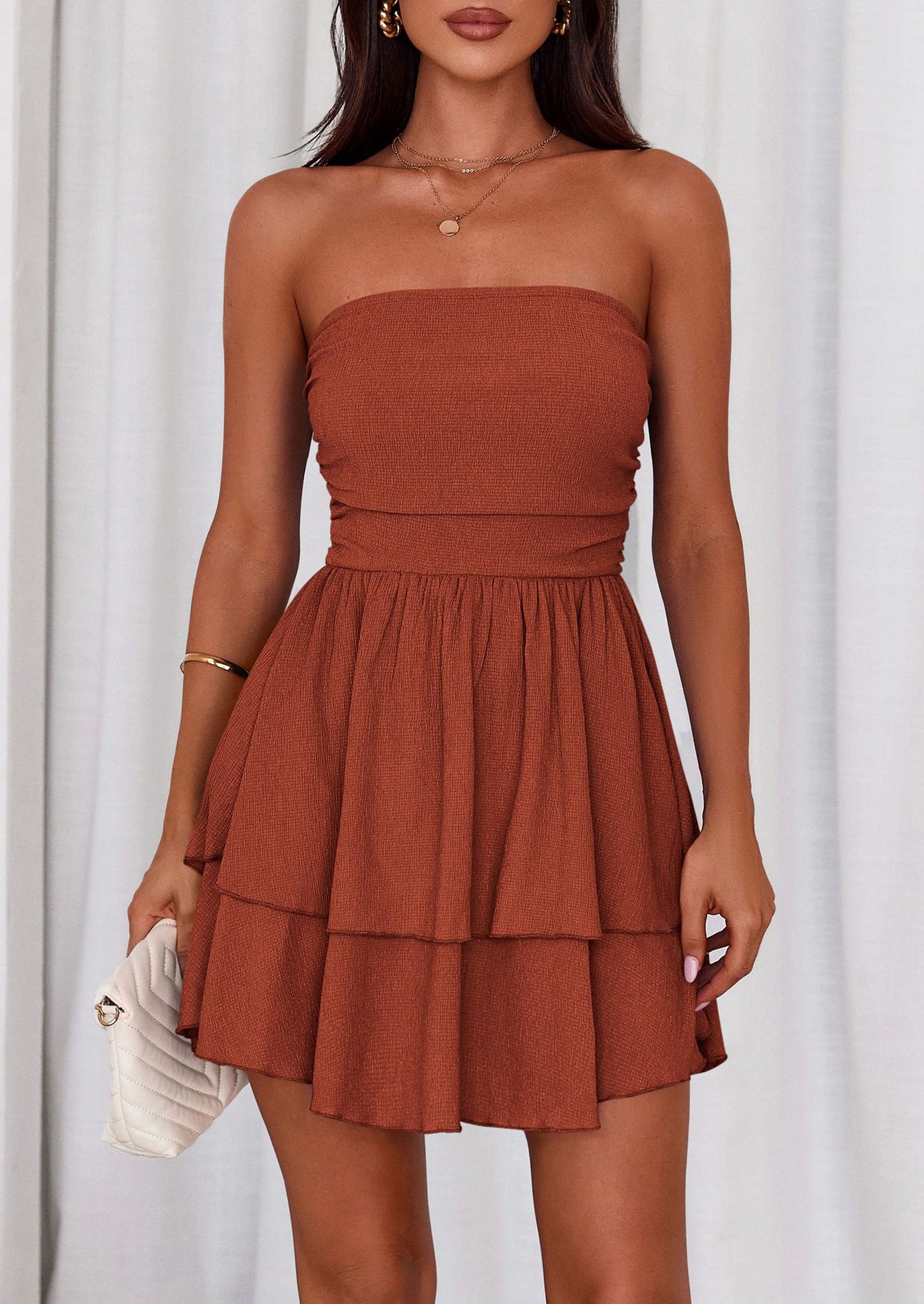 Women's Summer Strapless Tube Mini Dress Off Shoulder Smocked Ruffle A Line Flowy Short Party Club Dresses