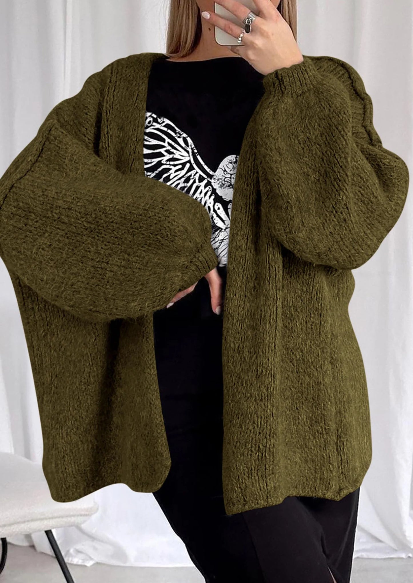 Womens Oversized Cardigan Sweaters Fall Long Lantern Sleeve Knit Open Front Lightweight Sweater