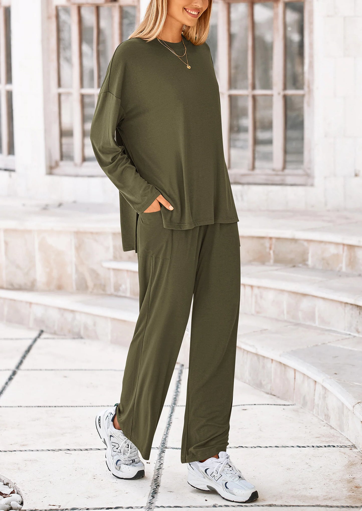 Women's Two Piece Lounge Sets Matching Long Sleeve Shirts Wide Leg Pants Tracksuits Travel Outfits Fall Clothes