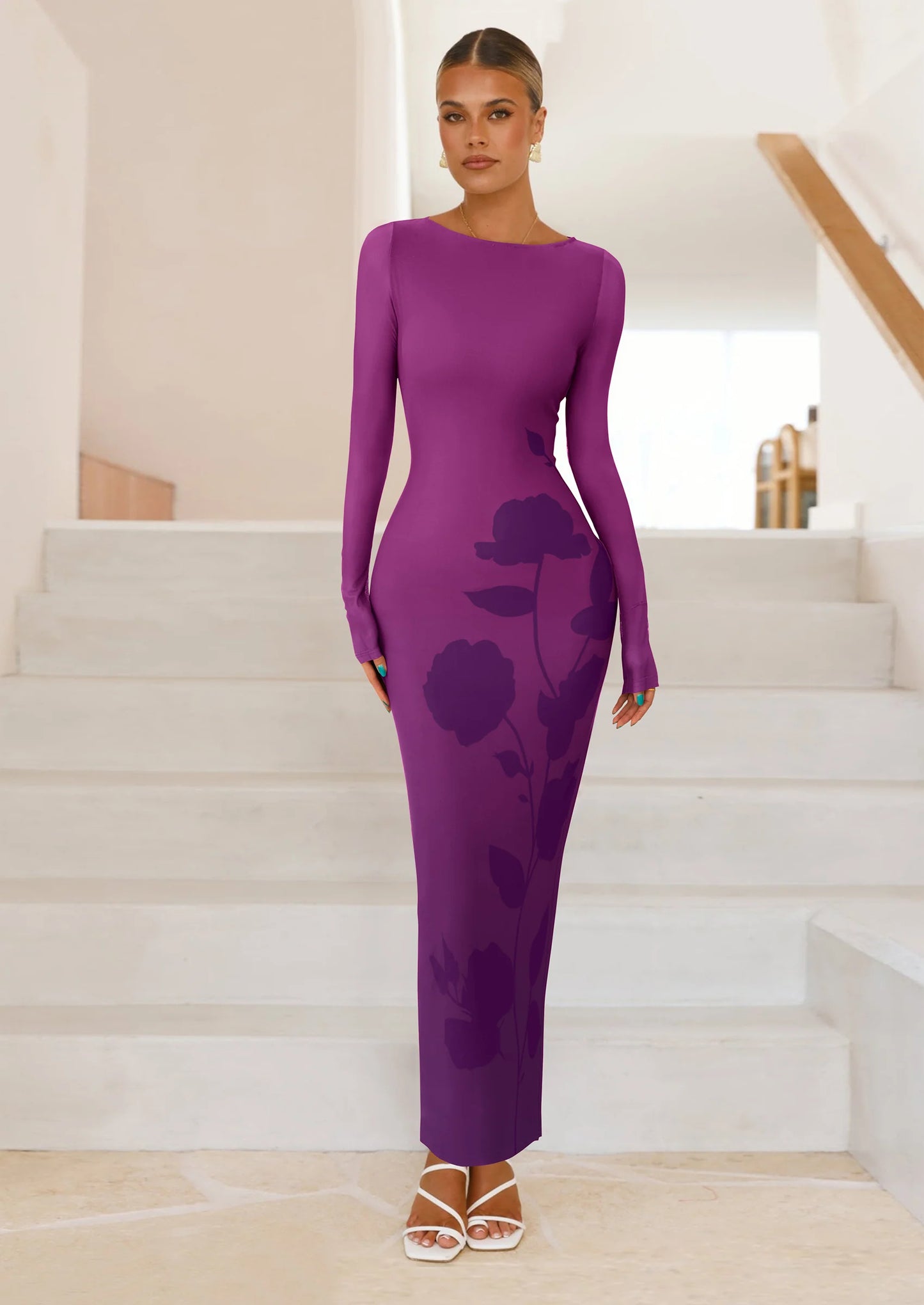Bodycon Maxi Dress Fall Floral Long Sleeve Sexy Mesh Cocktail Wedding Guest Long Dresses