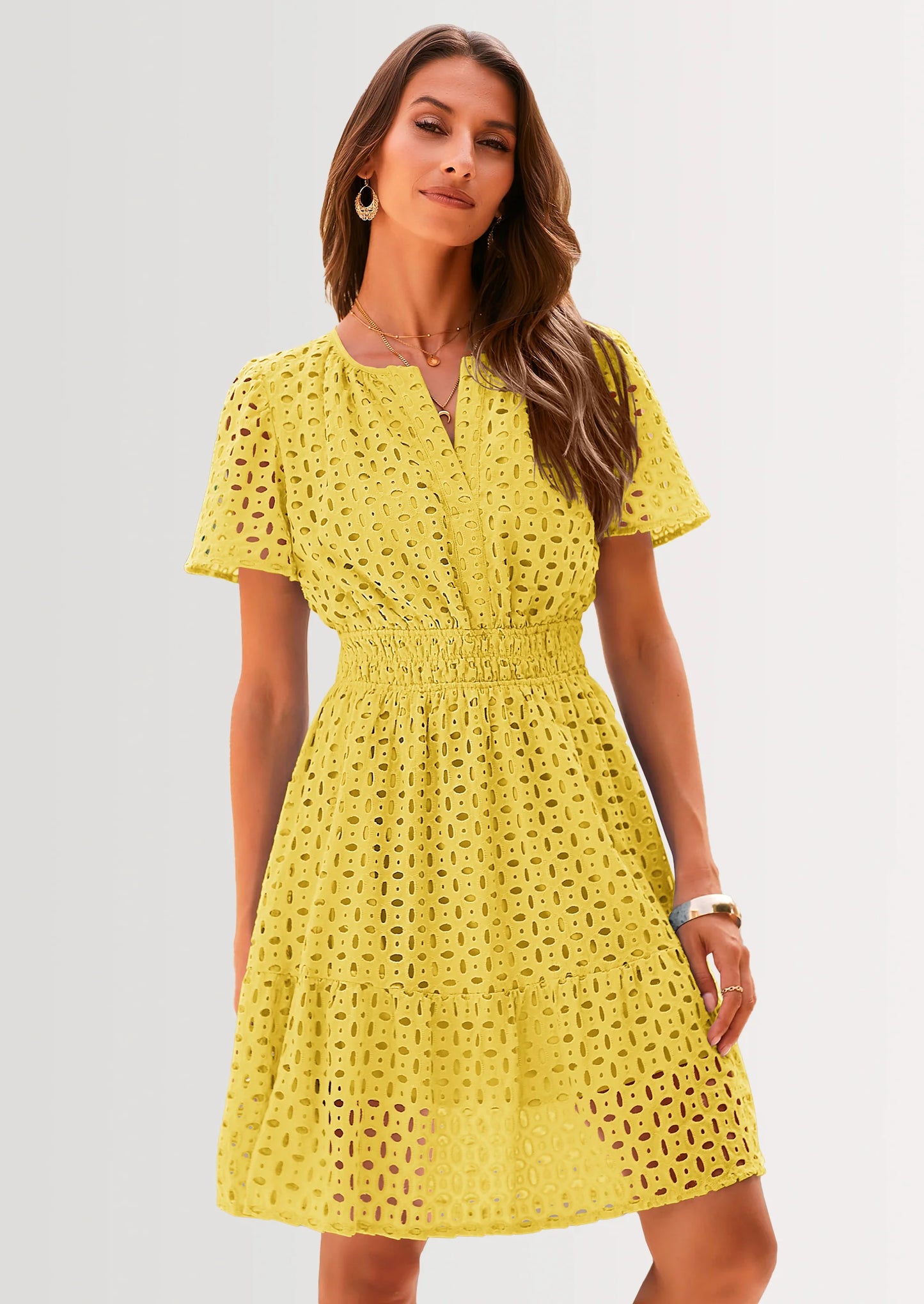 Women Summer Short Dress V Neck Short Sleeve A Line Hollow Out Lace Ruffle Cute Casual Beach Party Dresses