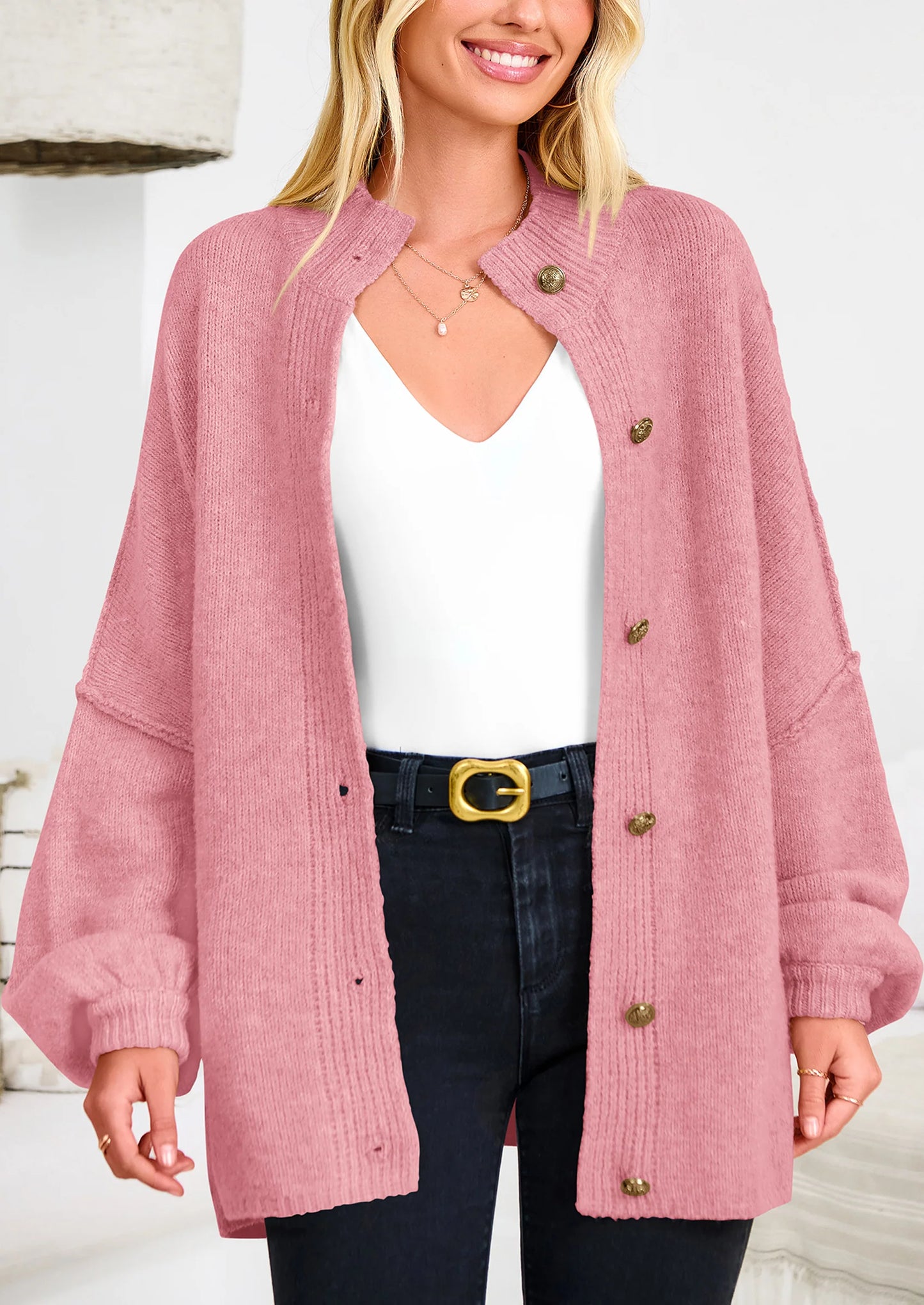 Women's Winter Button Down Cardigan Sweaters Mock Neck Lantern Long Sleeve Chunky Knit Jacket Trendy Outerwear