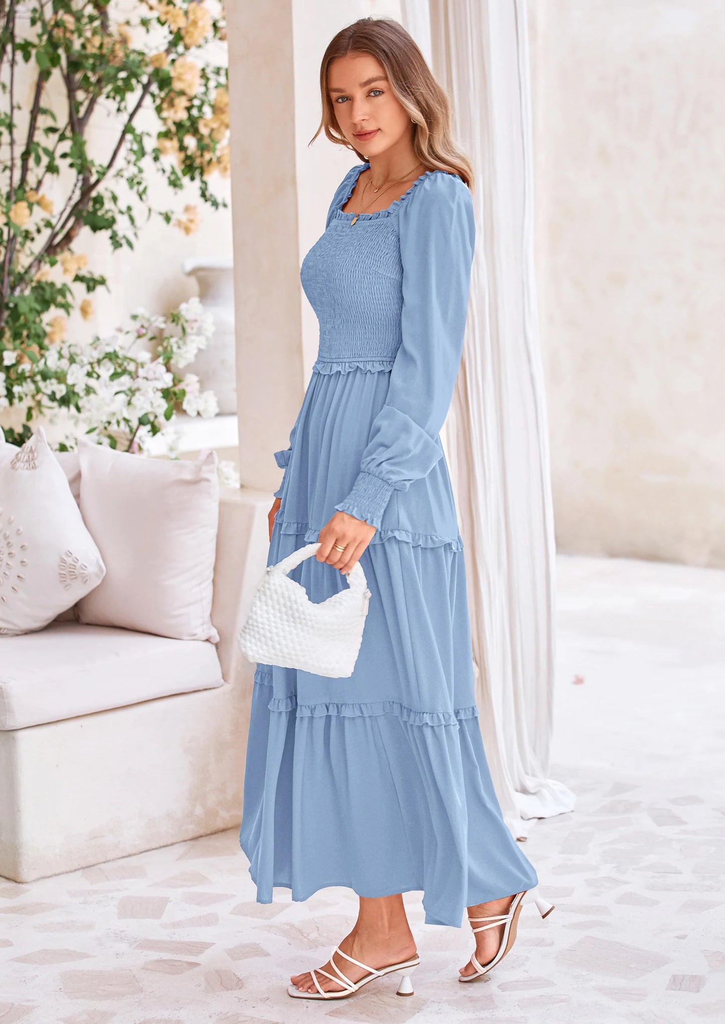 Fall Wedding Guest Dresses for Women Long Sleeve Square Neck Tiered A Line Modest Elegant Flowy Dresses