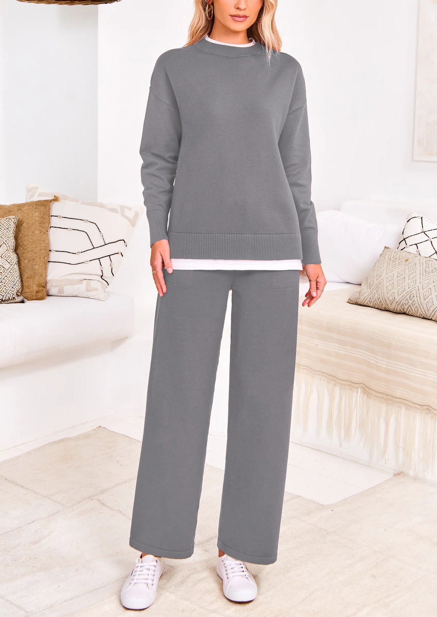 Two Piece Matching Sweater Lounge Sets Knit Long Sleeve Pullover Tops Wide Leg Pants
