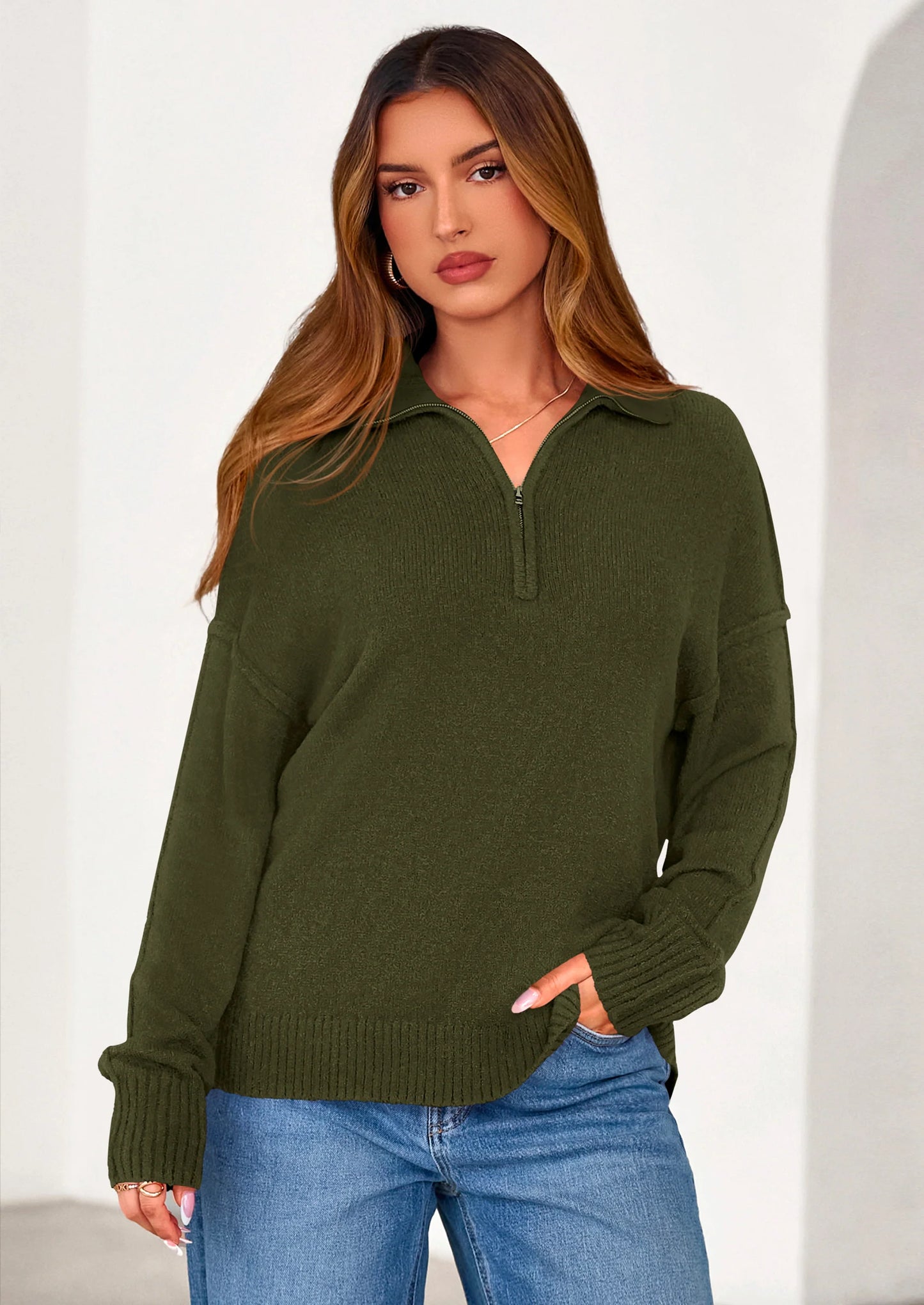Womens Sweaters Quarter Zip Pullover Early Fall Fashion Long Sleeve V Neck Collared Knit Winter Jumper Tops