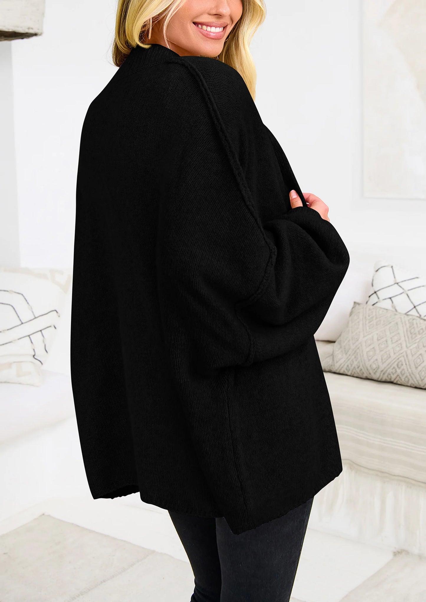 Women's Winter Button Down Cardigan Sweaters Mock Neck Lantern Long Sleeve Chunky Knit Jacket Trendy Outerwear