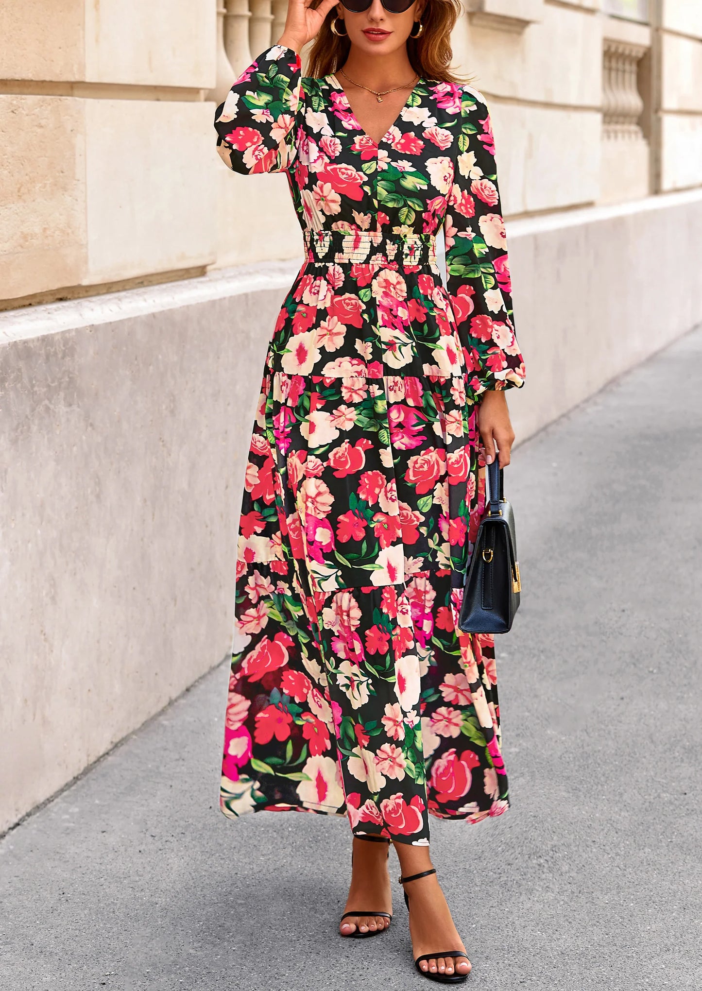 Long Sleeve Maxi Fall Dresses for Women Vneck Smocked Boho Floral Tiered Swing Flowy Wedding Guest Dress