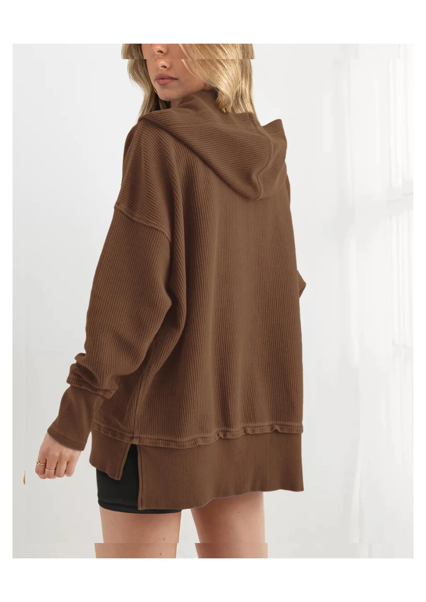 Womens Fashion Oversized Long Sleeve Hoodie Button Down V Neck Sweatshirt Side Slit Casual Pullover Tops