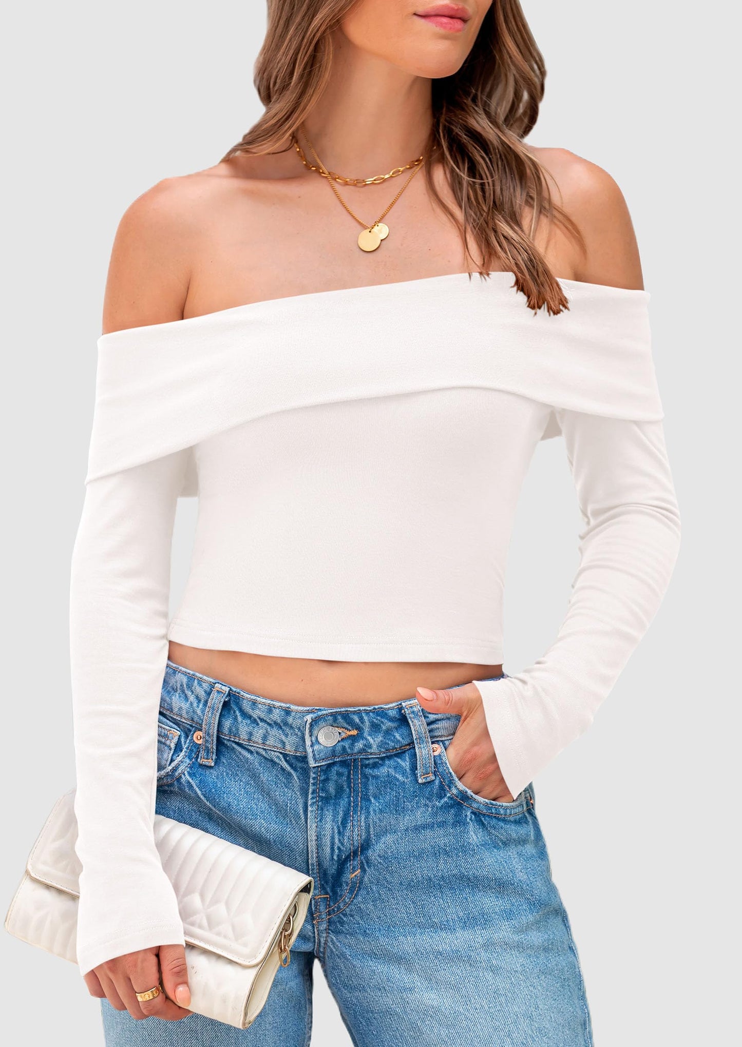 Off The Shoulder Tops for Women Long Sleeve Shirts Trendy Going Out Crop Top Spring Fashion Clothes