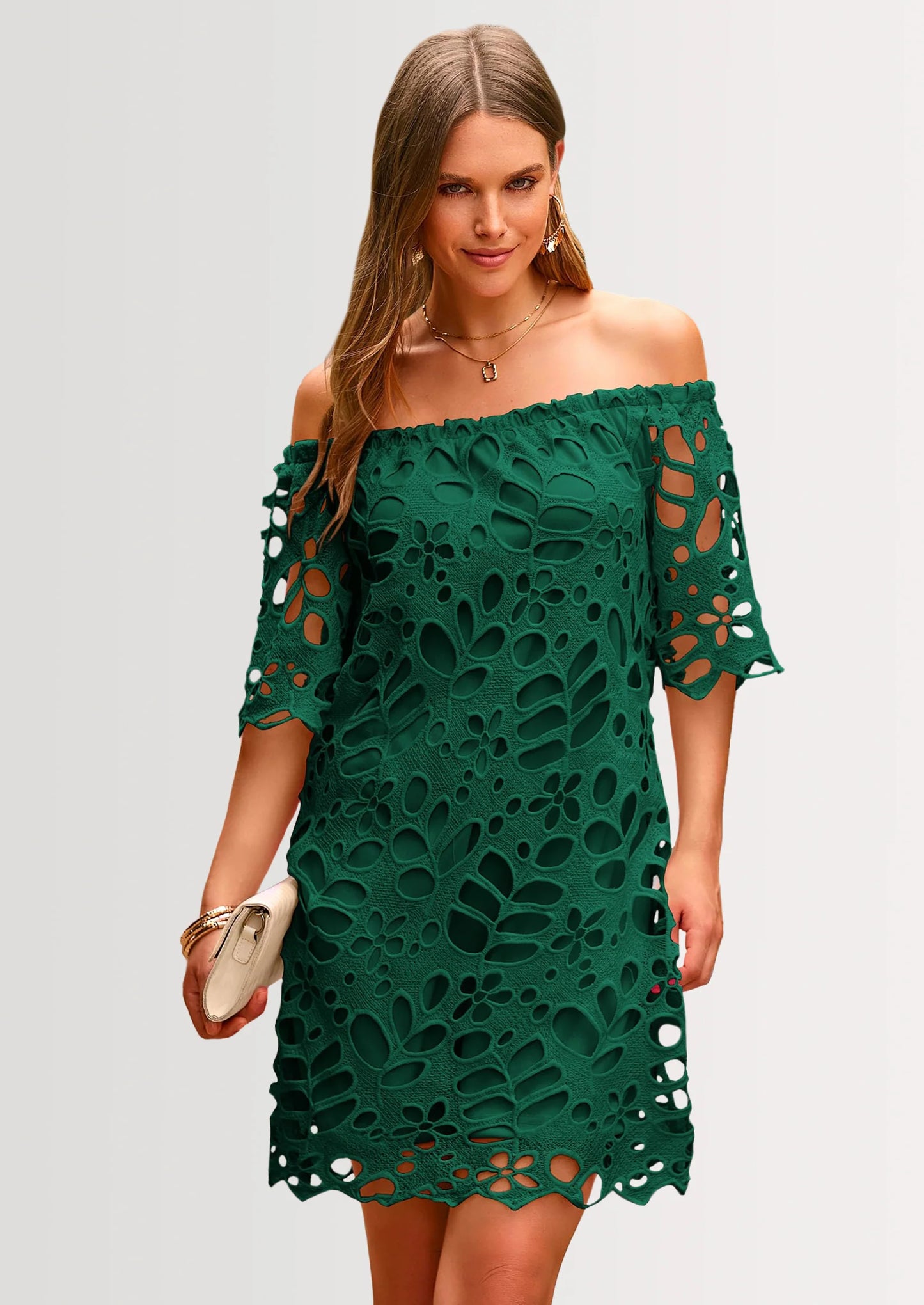 Women's Summer Off Shoulder Dresses Floral Lace Flare Short Sleeve Spring Vintage Elegant Mini Dress