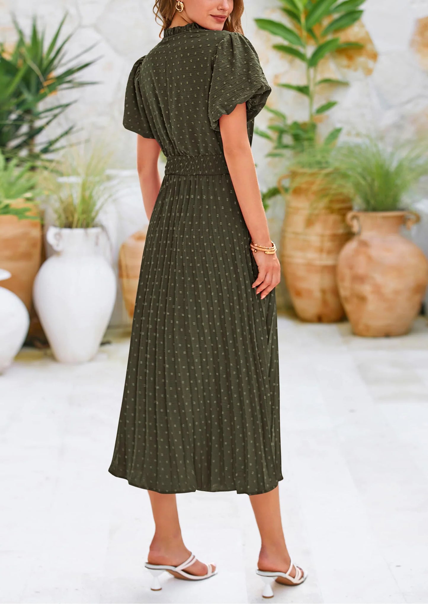 Womens Midi Dresses Puff Short Sleeve V Neck Swiss Dot Pleated A Line Flowy Long Wedding Guest Dress