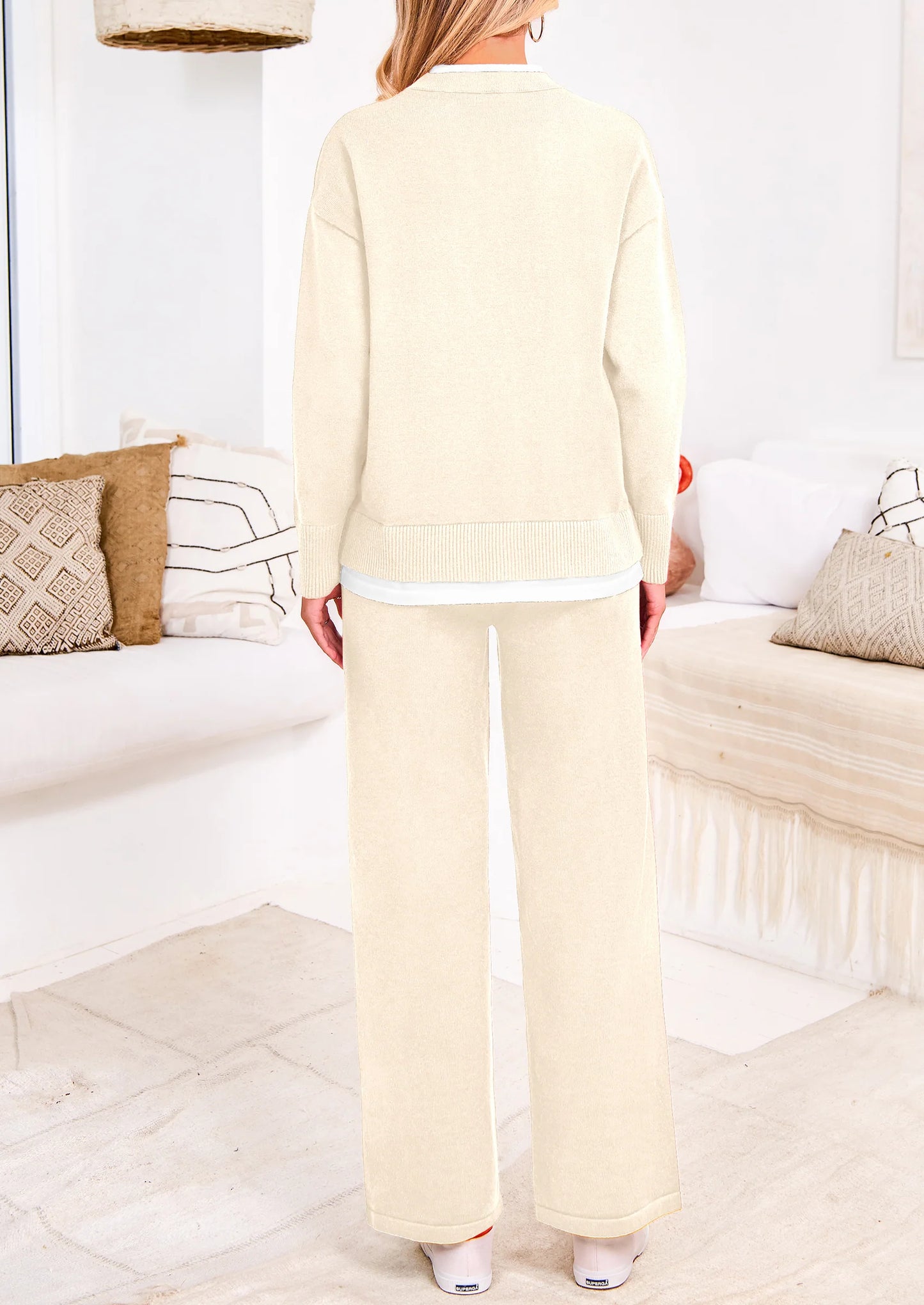 Two Piece Matching Sweater Lounge Sets Knit Long Sleeve Pullover Tops Wide Leg Pants