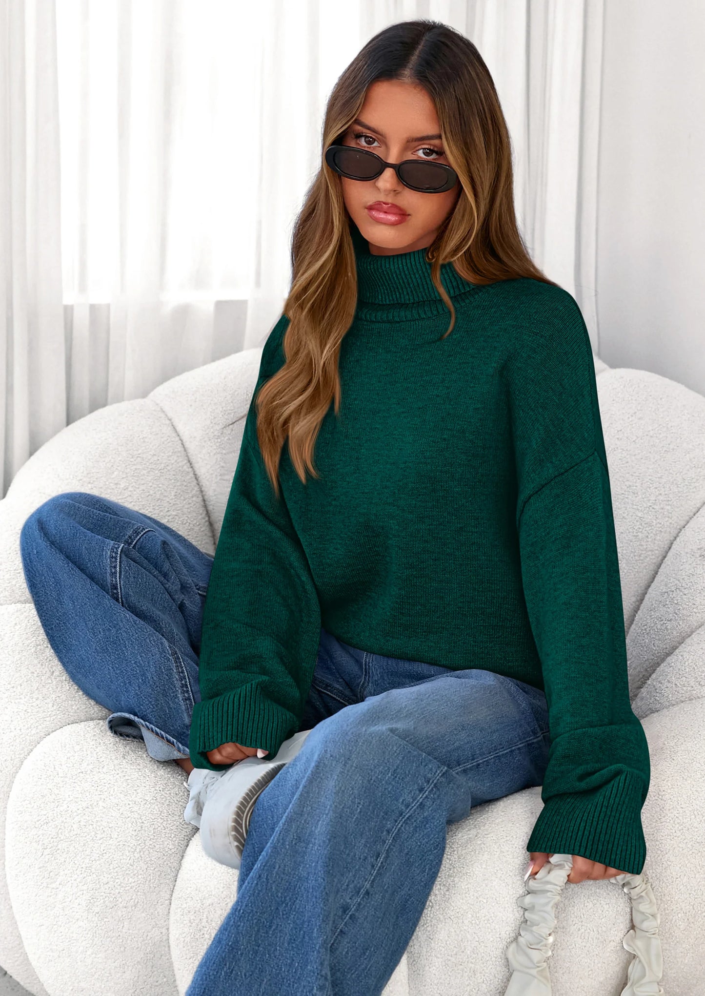 Womens Turtleneck Long Sleeve Sweater Fall Trendy Loose Fit Casual Tops Chunky Knit Pullover Sweaters