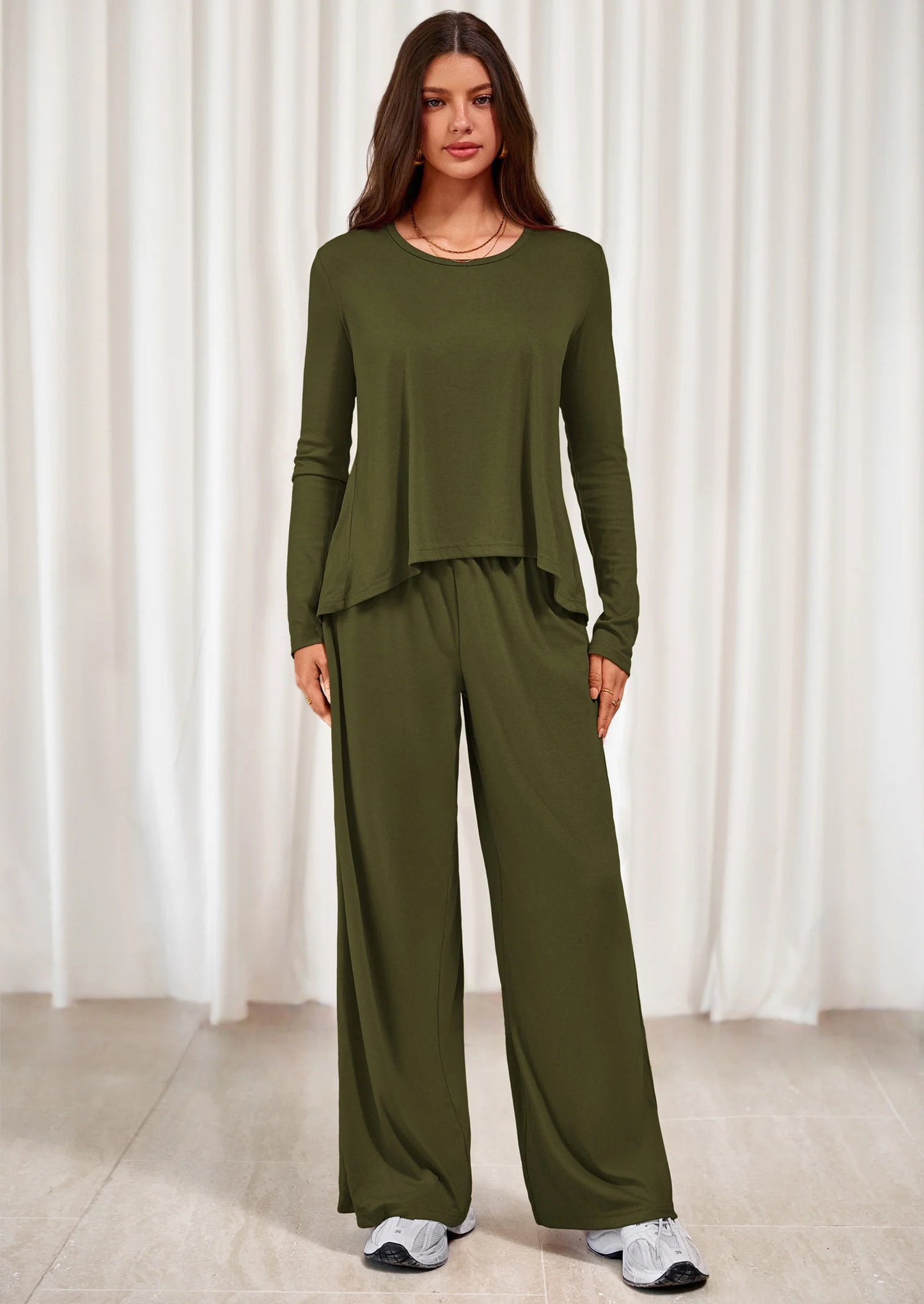 Women's 2 Piece Fall Sets  Casual Long Sleeve Shirts Wide Leg Pants Lounge Travel Outfits Fashion Clothing