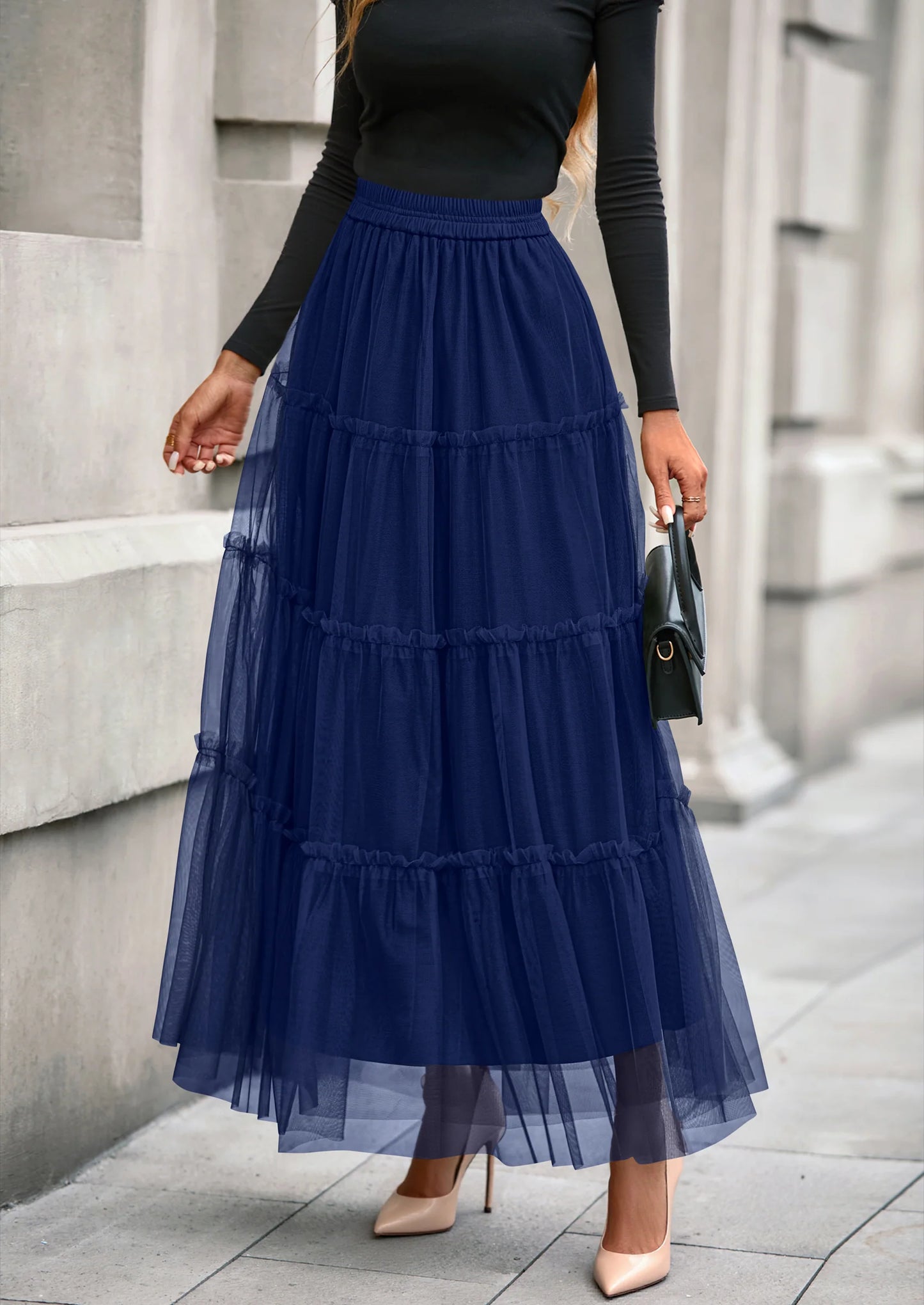 Maxi Skirts for Women Fall Tulle High Waisted Ruffle Flowy A-Line Long Skirt Country Concert Outfits