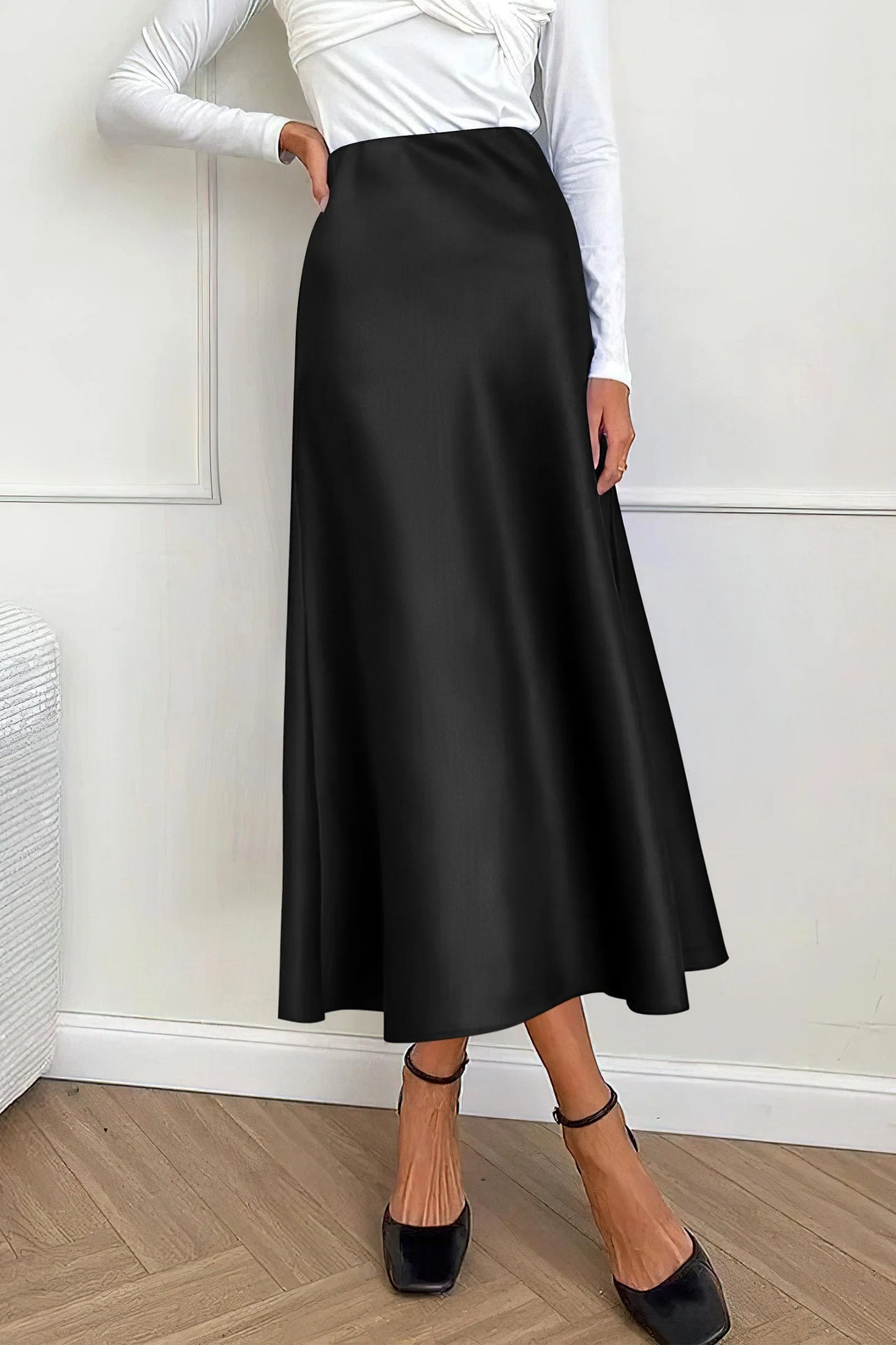 Women's Satin Skirts Dressy Casual Fall High Waisted Cocktail Wedding Flowy Elegant A Line Midi Skirt