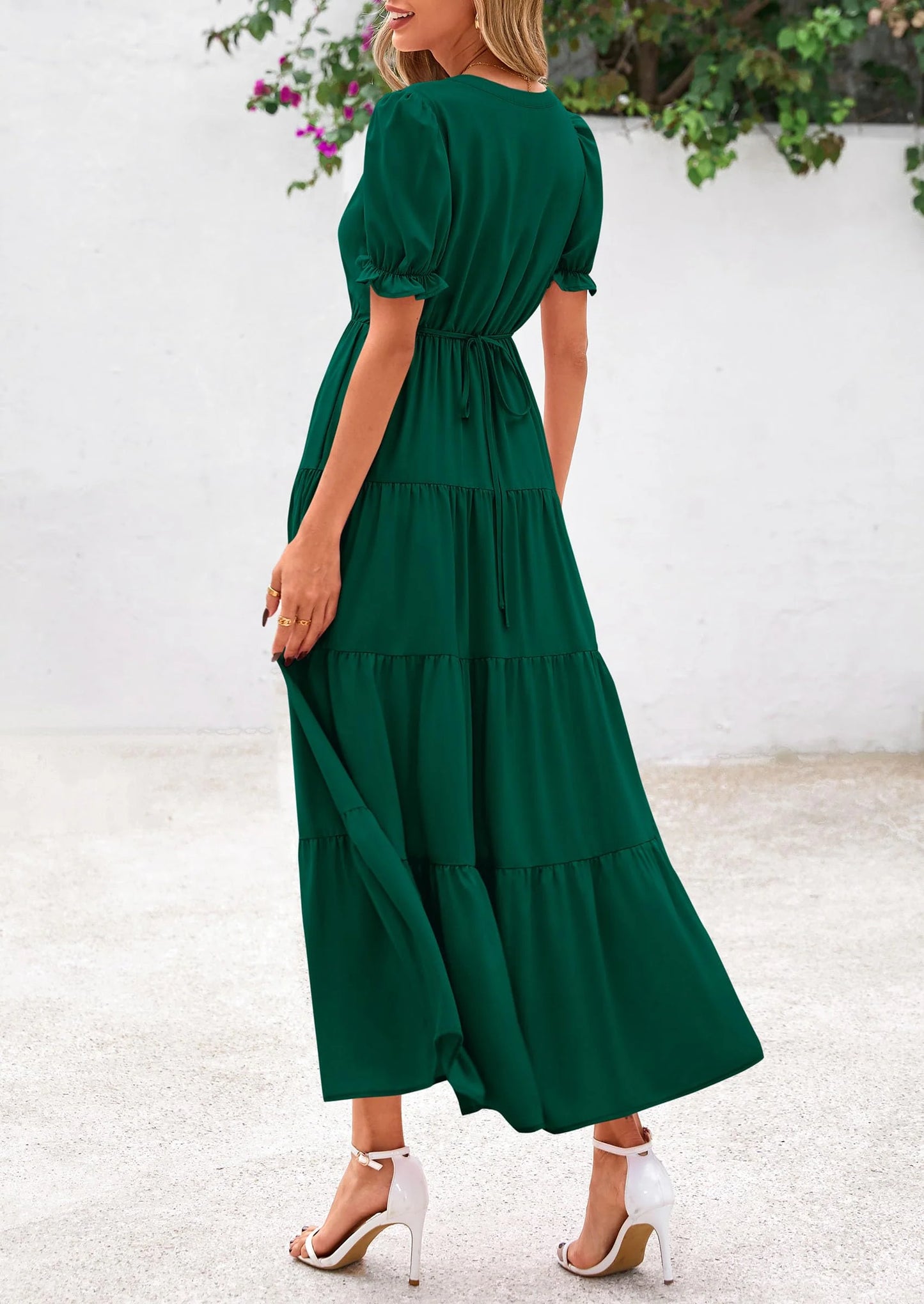 Women's Casual Short Sleeve V Neck Midi Dresses Spring A-line Tiered Wedding Guest Dress