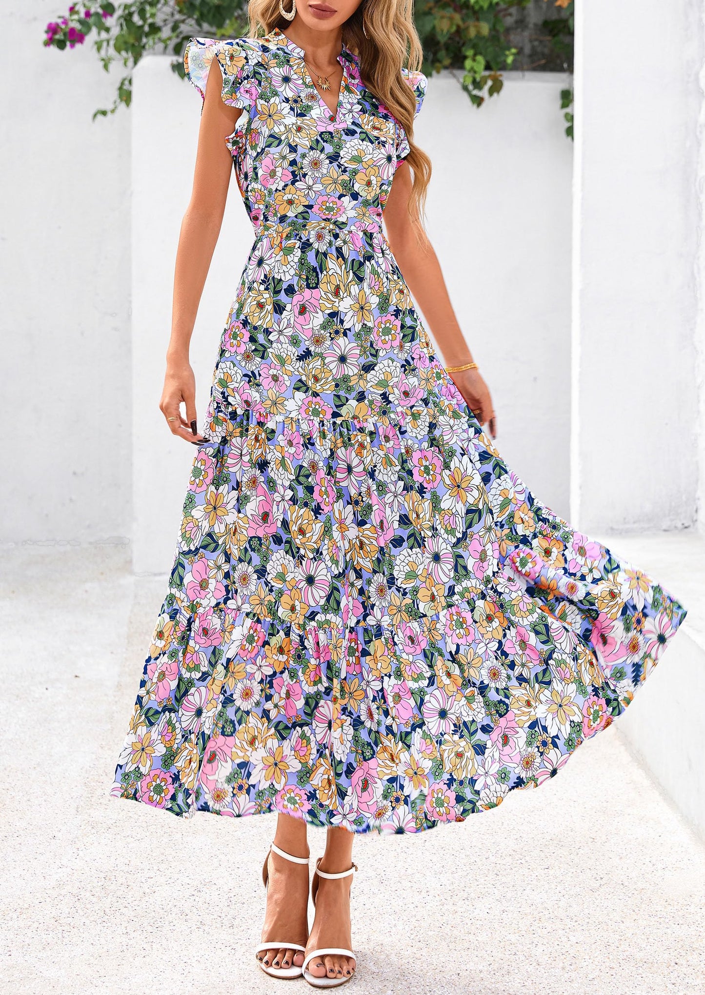 Women's Summer Floral Midi Dress Cap Sleeve V Neck Ruffle Long Flowy Boho Casual Beach Vacation Dresses