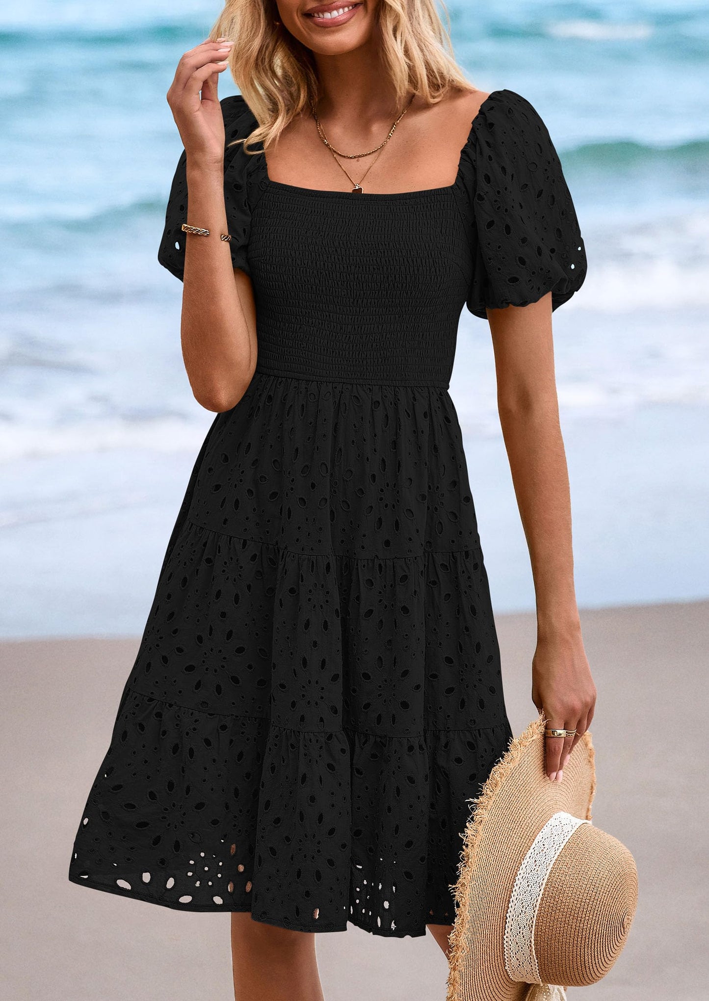 Womens Summer Puff Sleeve Mini Dress Off Shoulder Eyelet Smocked A Line Casual Babydoll Short Dresses
