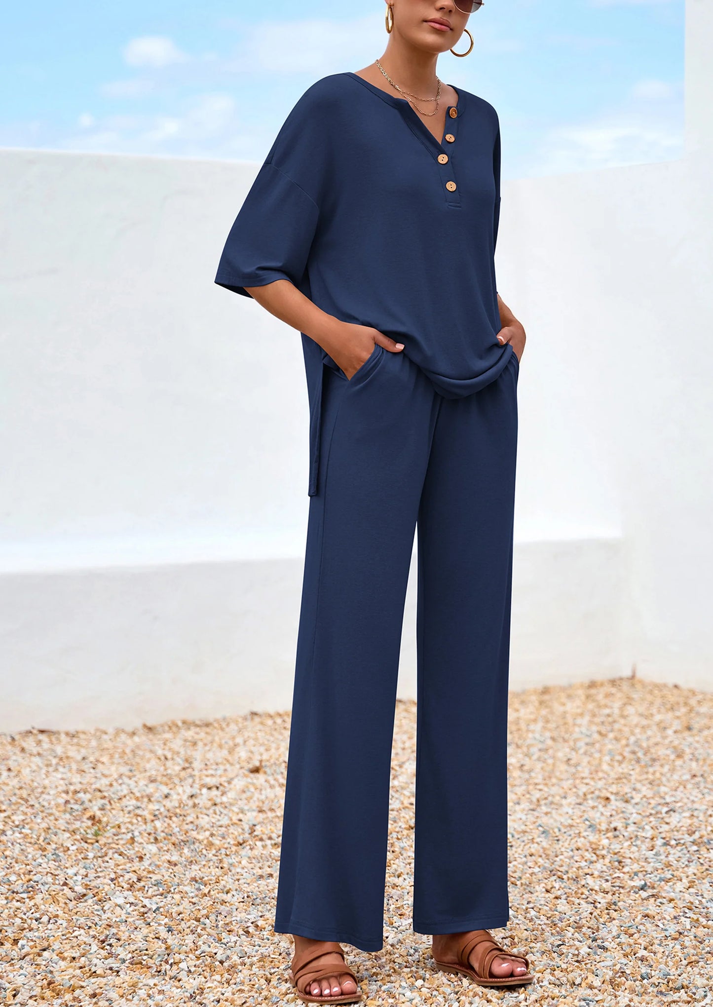 Women's 2 Piece Outfits Summer Casual V Neck Short Sleeve Tops Wide Leg Pants Matching Lounge Sets