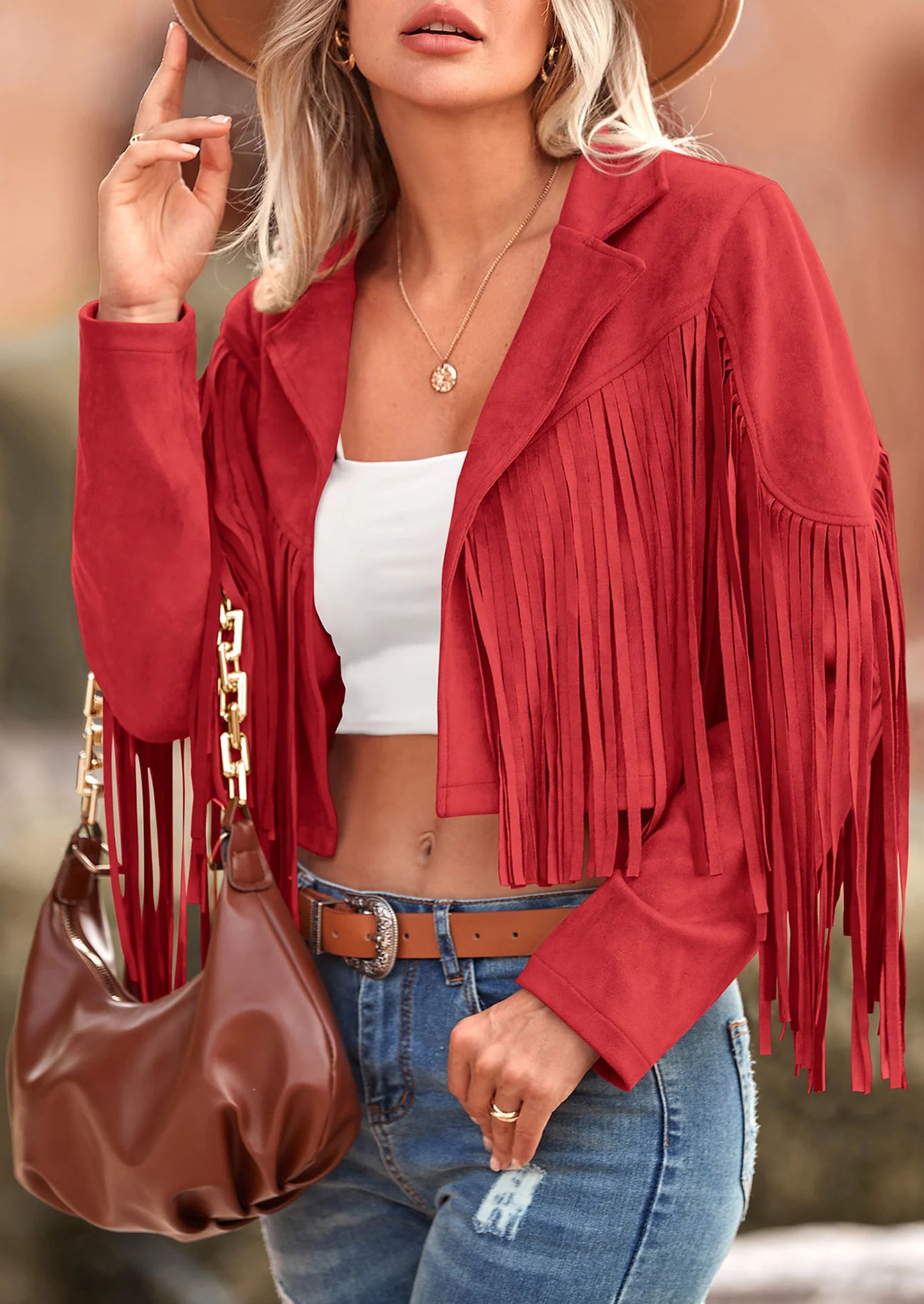 Women's Fringe Faux Suede Leather Jackets Fashion Tassel Motorcycle Cropped Coats