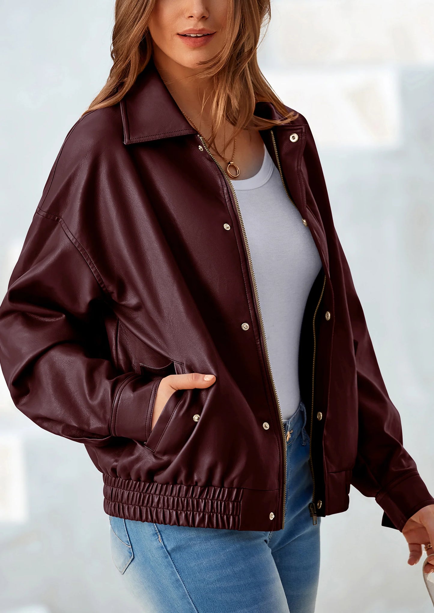Women's Faux Leather Motorcycle Jacket Trendy Fall Spring Clothes Oversized Zip Up Winter Coat Outerwear