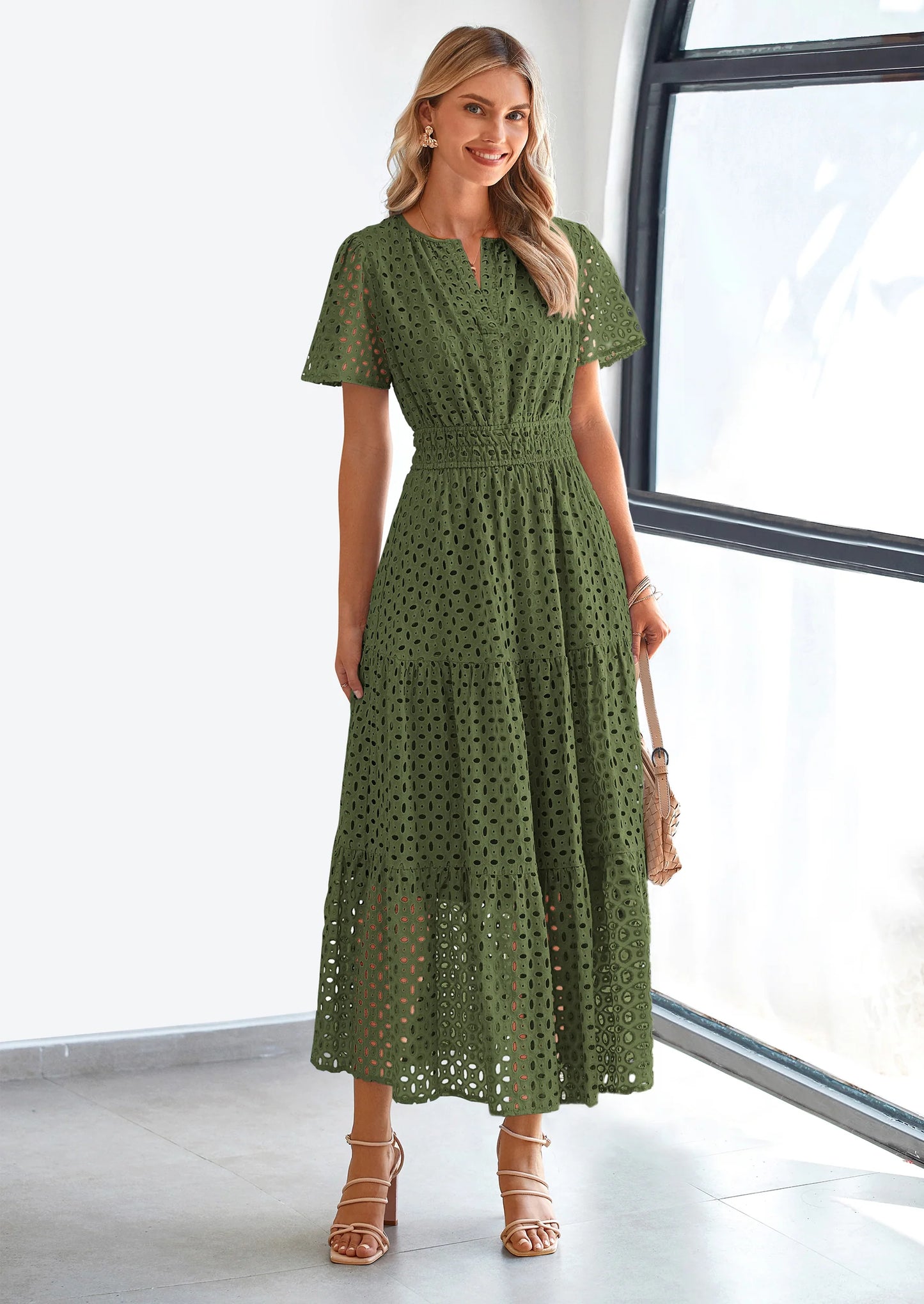Womens Maxi Dress Short Sleeve V Neck Hollow Out Eyelet A Line Long Flowy Beach Vacation Dresses