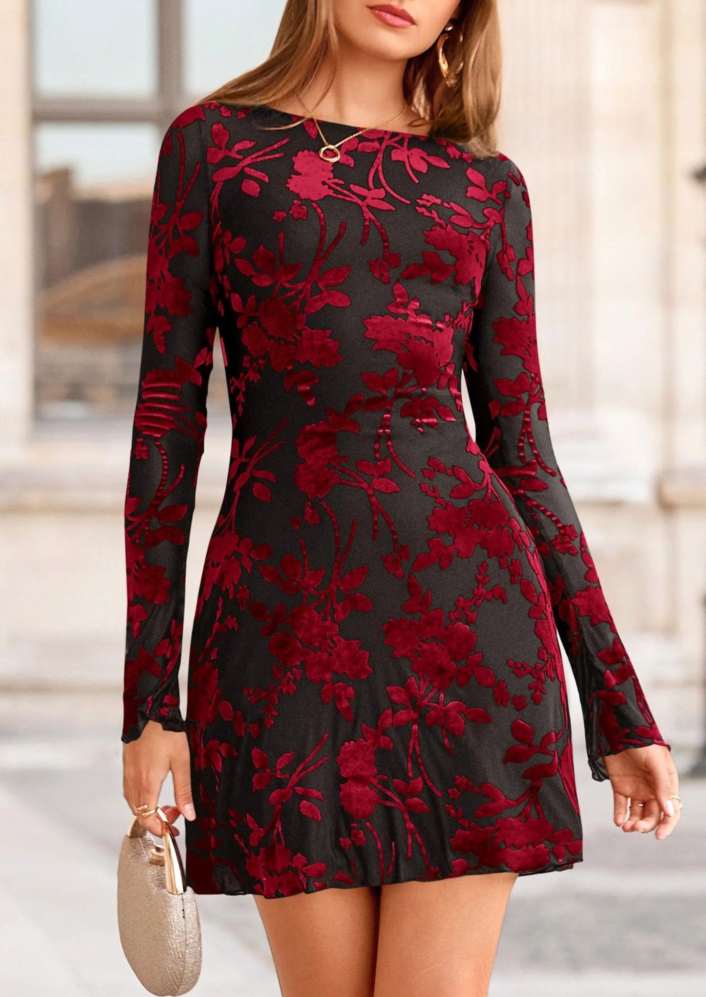 Women's Fall Fashion Floral Long Sleeve Mini Dress Mesh Bodycon Short Party Date Night Going Out Dresses
