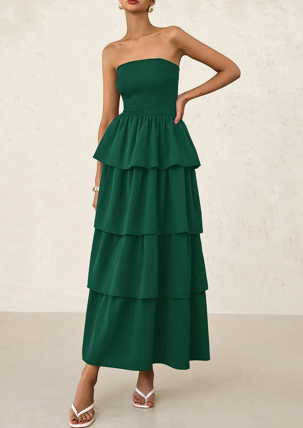 Maxi Dresses for Women Off Shoulder Smocked Tiered Ruffle Long Flowy Wedding Guest Dress