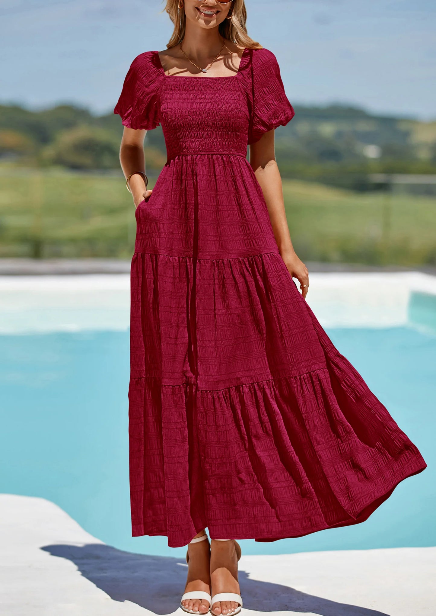 Womens Summer Puff Short Sleeve Maxi Dress Square Neck Smocked Tiered Ruffle A Line Long Flowy Beach Dresses