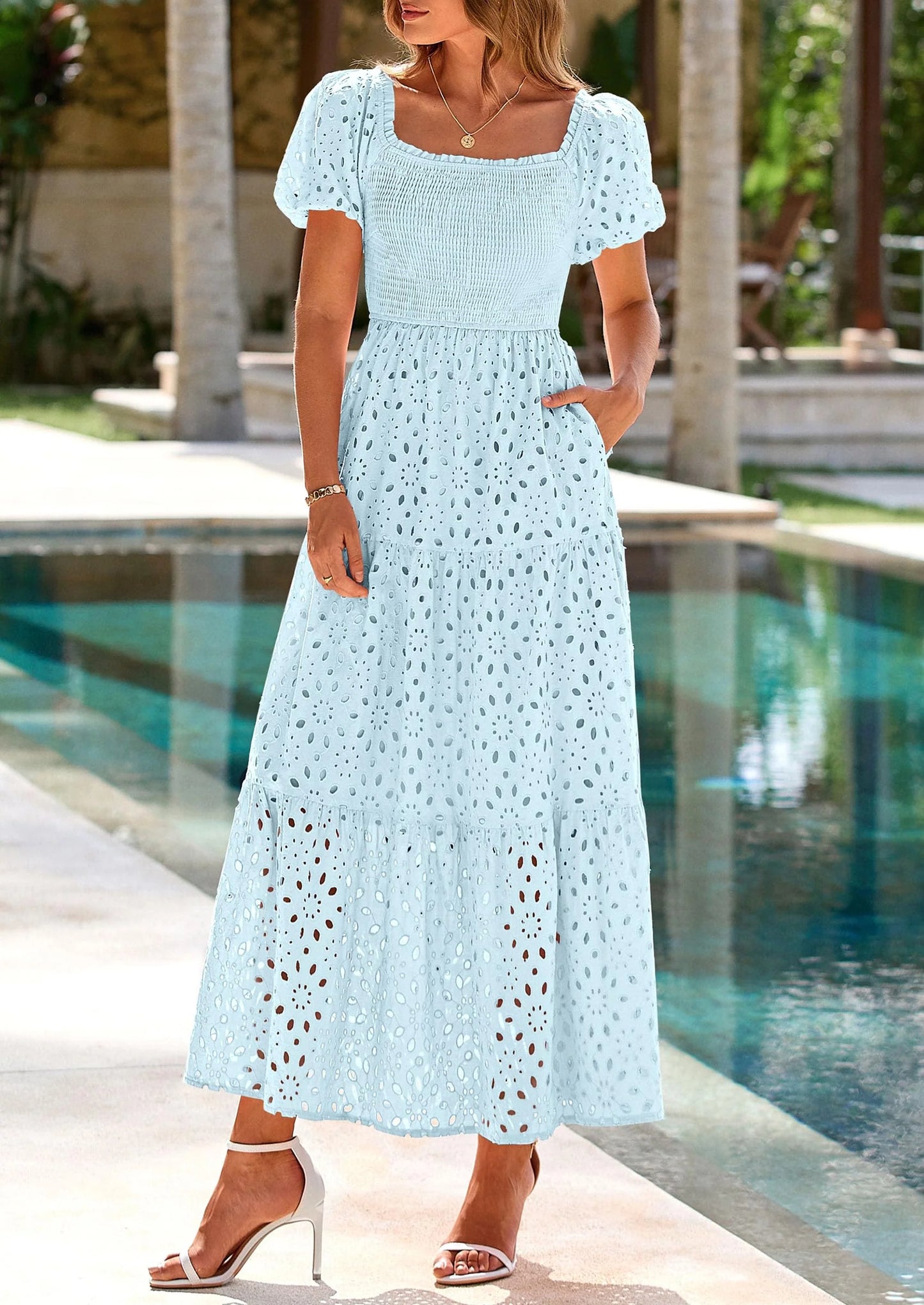 Dresses for Women Eyelet Square Neck Puff Sleeve Smocked Wedding Guest Maxi Dress with Pockets