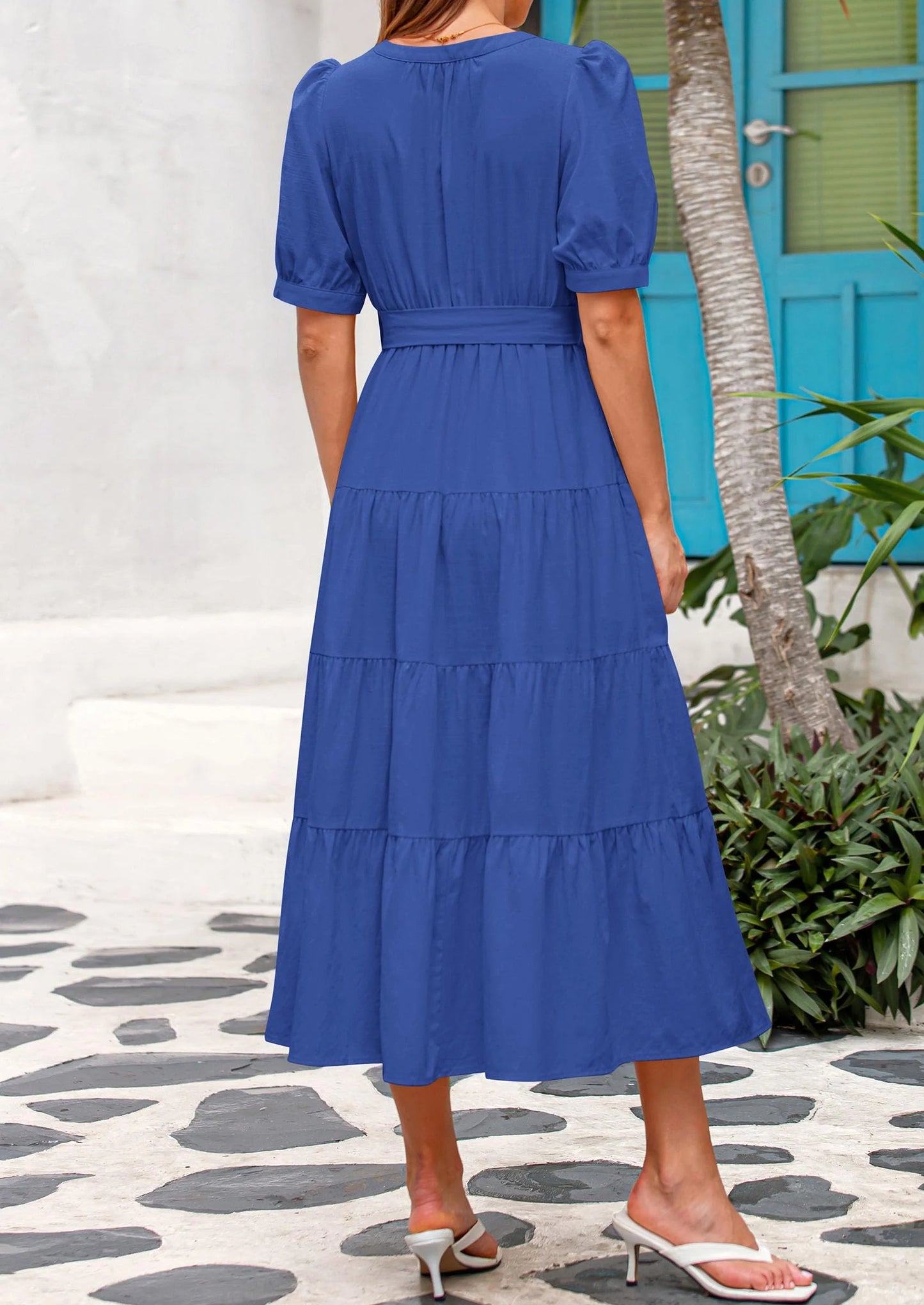 Women's Midi Dress Casual Short Sleeve V Neck Buttons Belted Ruffle A Line Flowy Dress with Pockets