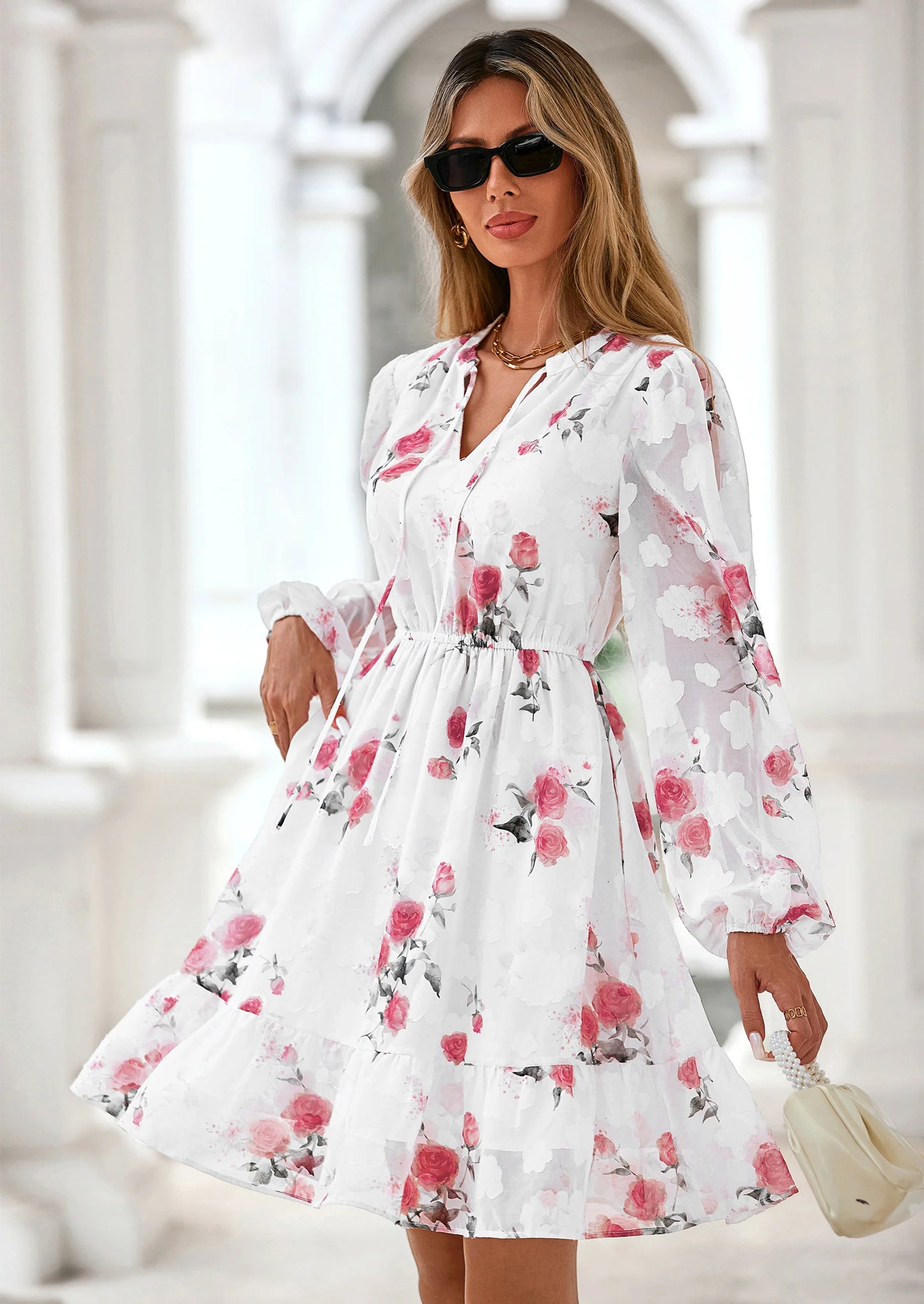 Women's Fall Boho Dresses Floral Long Sleeve V Neck Mini Flowy Wedding Guest Dress Trendy Vacation Outfits