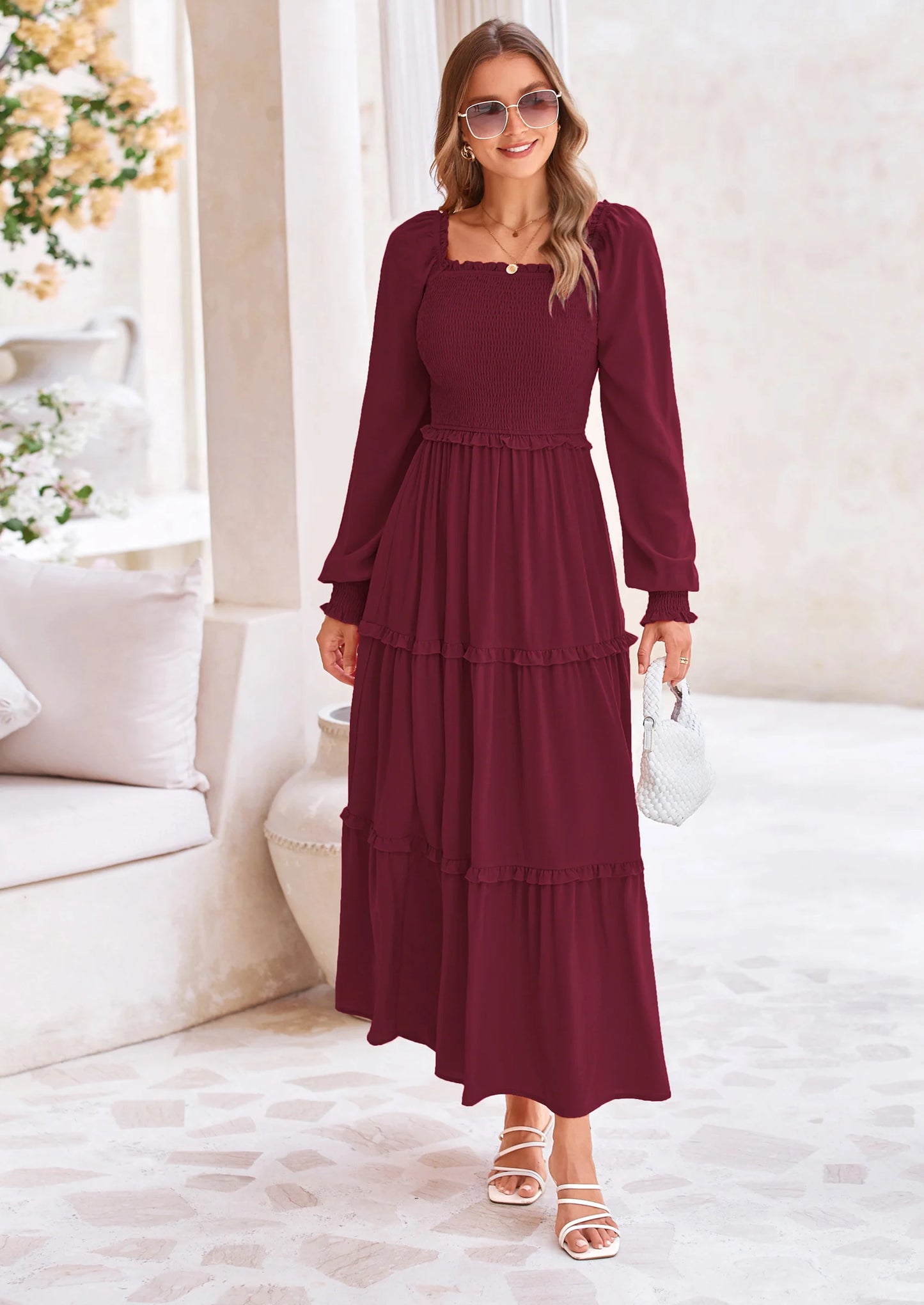 Fall Wedding Guest Dresses for Women Long Sleeve Square Neck Tiered A Line Modest Elegant Flowy Dresses