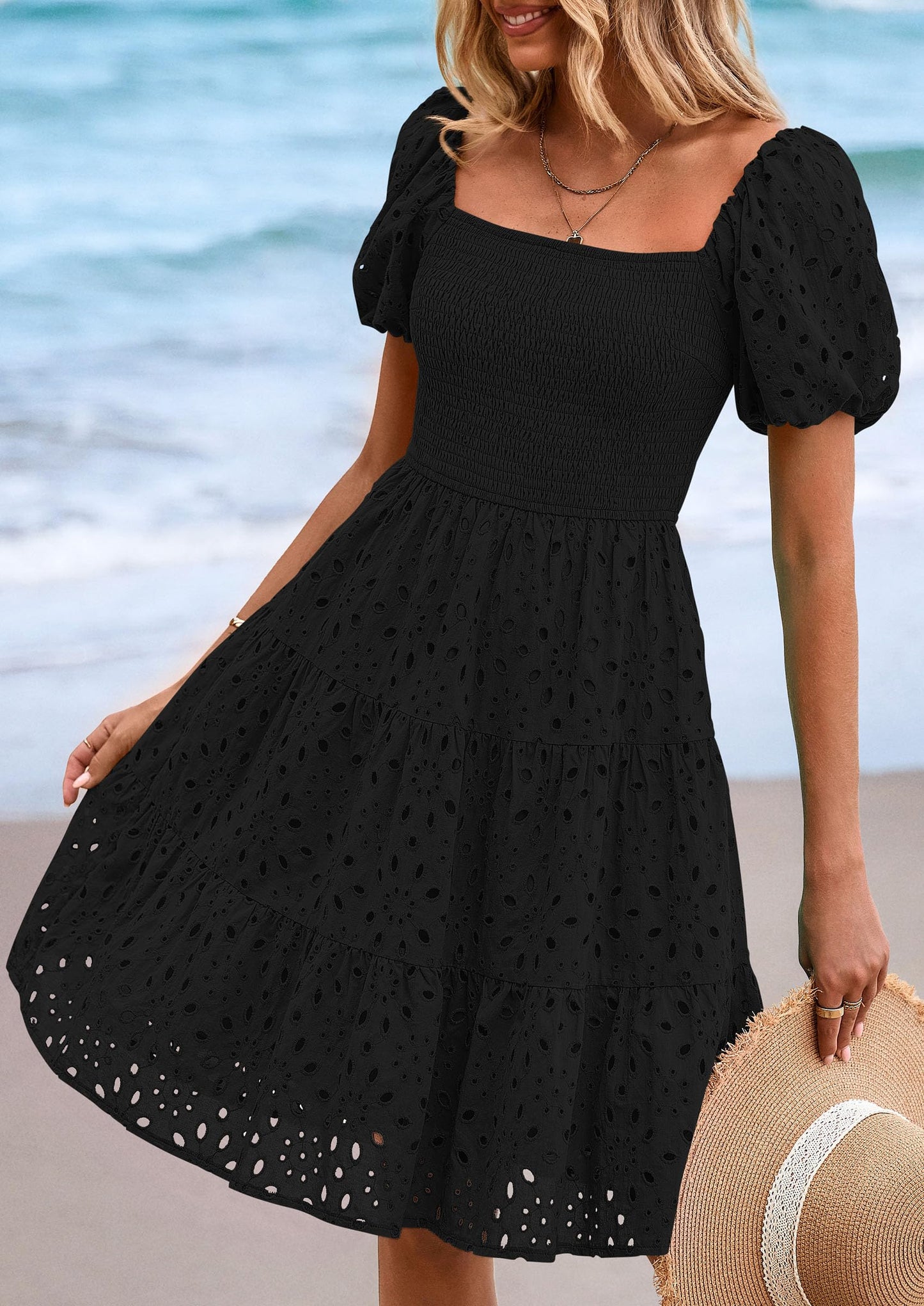 Womens Summer Puff Sleeve Mini Dress Off Shoulder Eyelet Smocked A Line Casual Babydoll Short Dresses