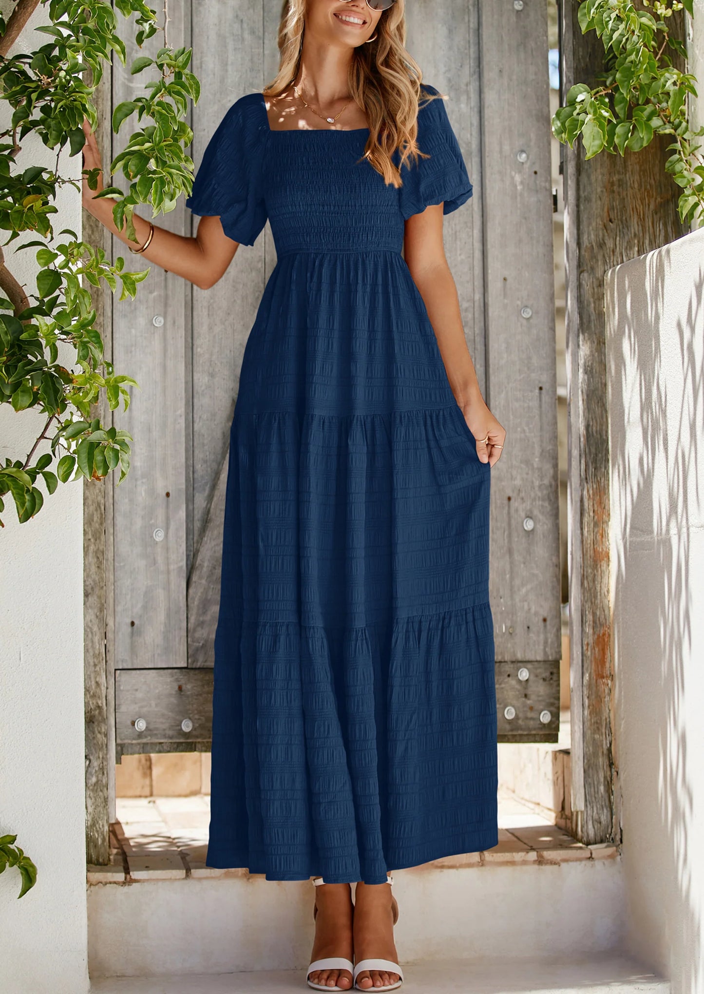 Womens Summer Puff Short Sleeve Maxi Dress Square Neck Smocked Tiered Ruffle A Line Long Flowy Beach Dresses