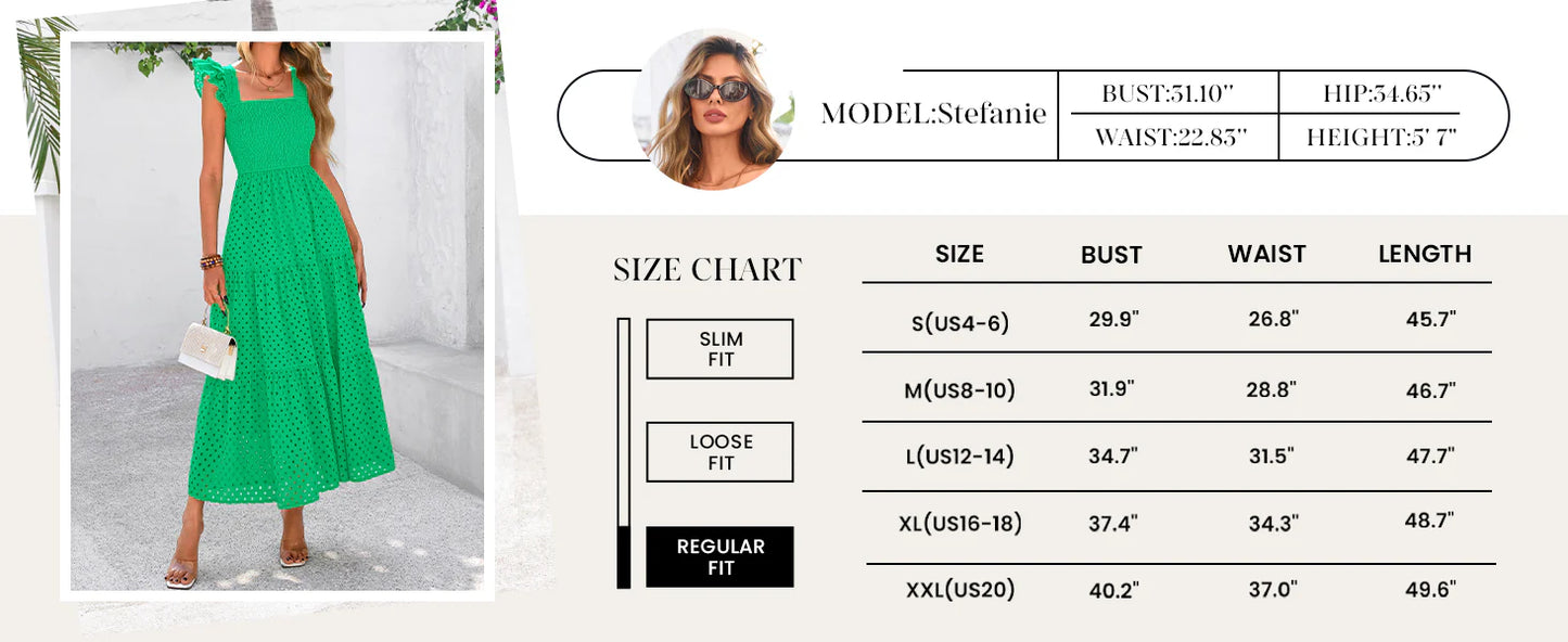 Womens Square Neck Maxi Dresses Cap Sleeve Eyelet Smocked Tiered A Line Flowy Long Dress with Pockets