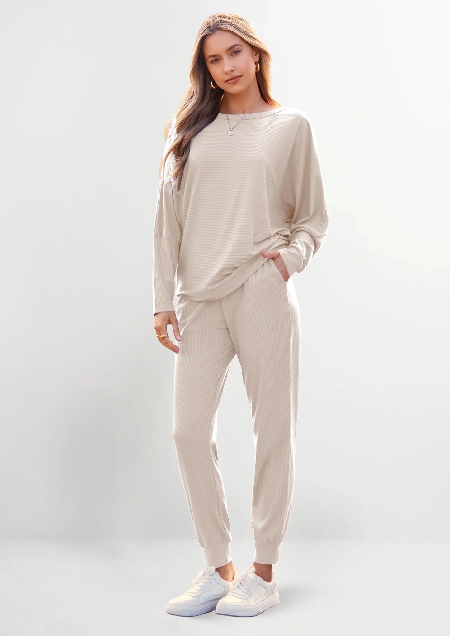 Women's Fall 2 Piece Lounge Set Long Sleeve Tops Ribbed Pants Spring Matching Sweatsuit Travel Outfits Clothes