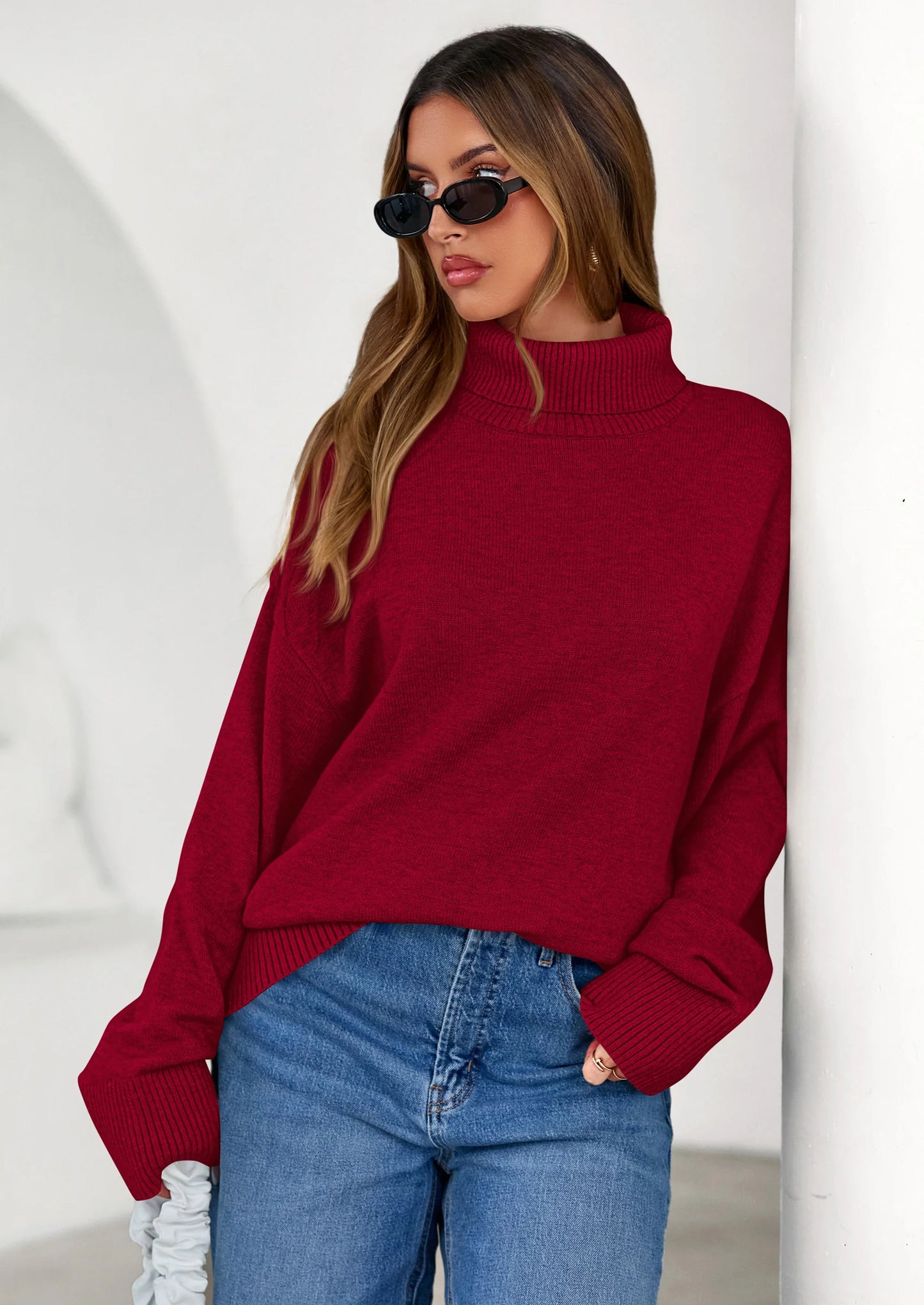 Womens Turtleneck Long Sleeve Sweater Fall Trendy Loose Fit Casual Tops Chunky Knit Pullover Sweaters