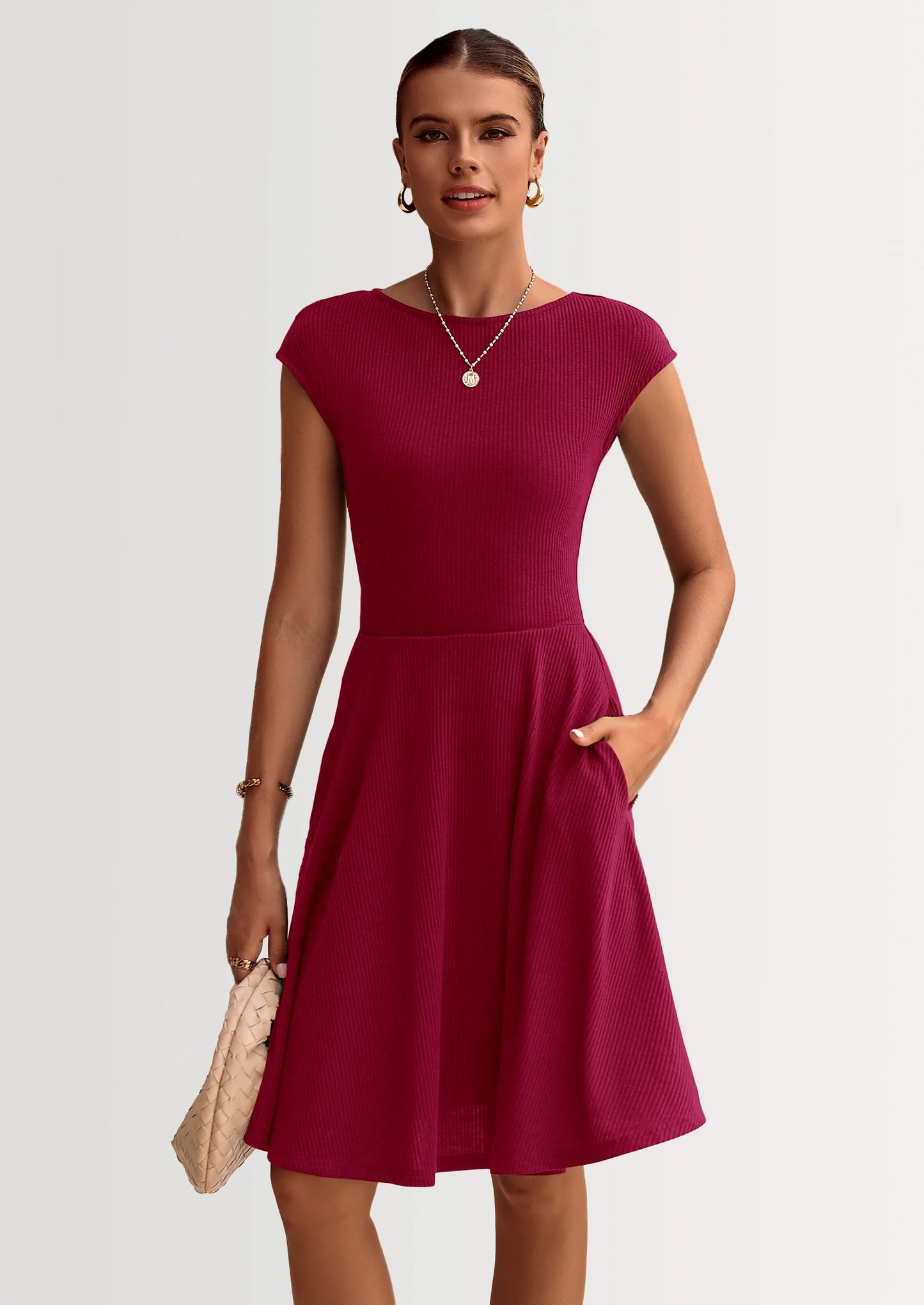 Womens Short Summer Dress Crewneck Cap Sleeve Ribbed Knit Casual Flowy A Line Mini Sundresses with Pockets