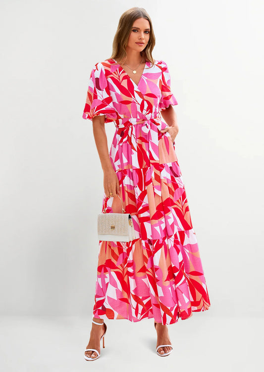 Women's Maxi Dress Resort Wear Boho Floral V Neck Puff Short Sleeve Ruffle Flowy Beach Long Dresses