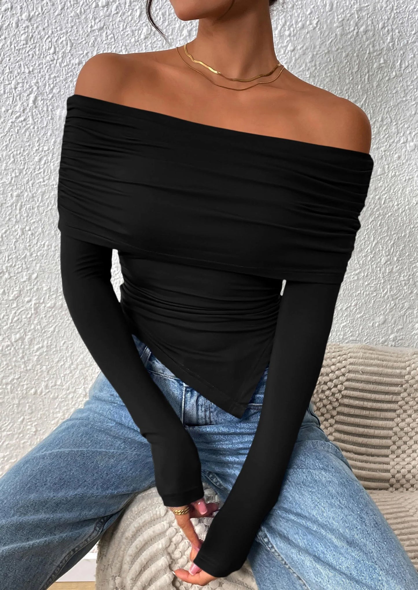 Women's Long Sleeve Shirts Off Shoulder Tops Going Out Slim Fitted Y2K Blouses Fall Fashion Clothes