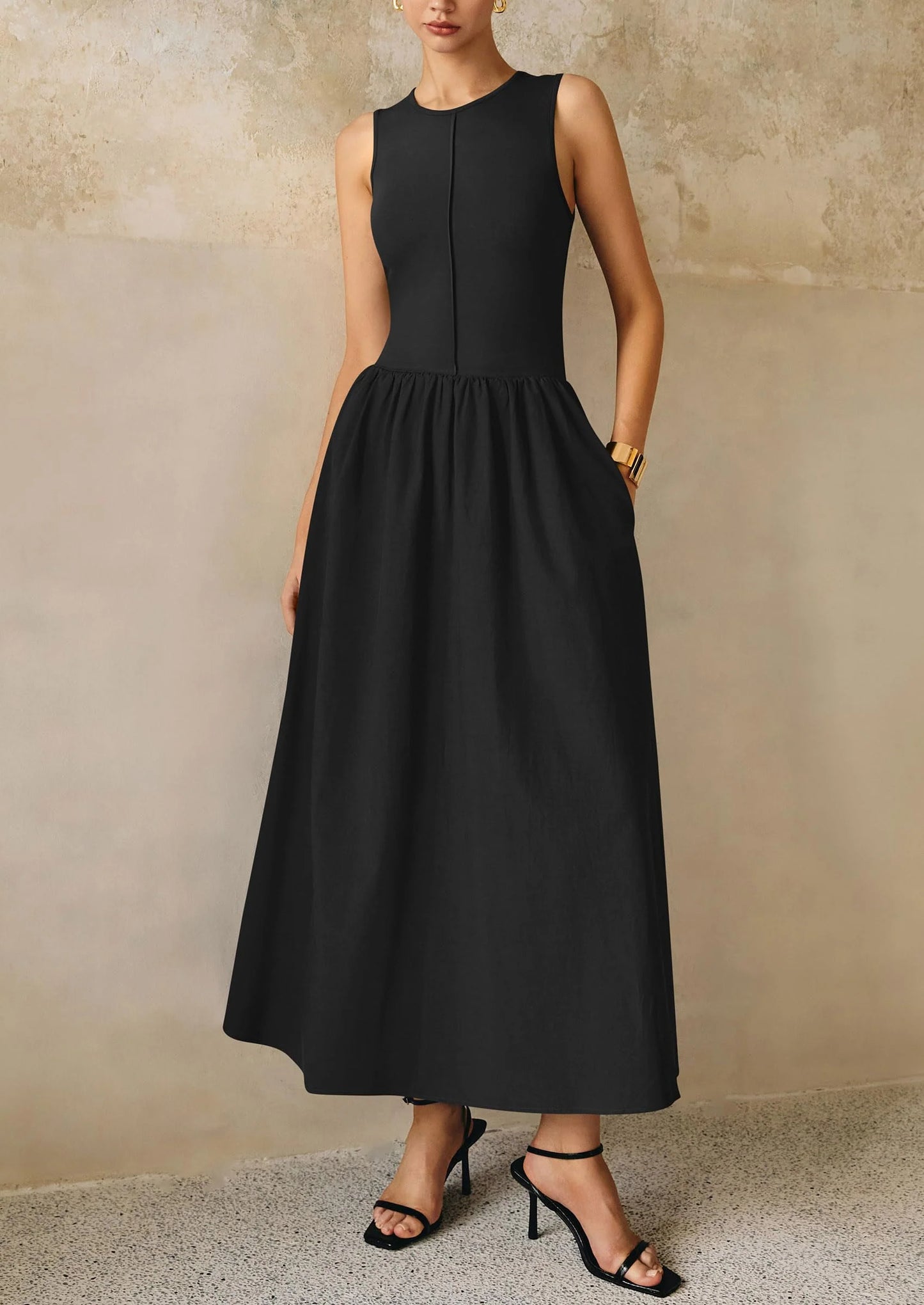 Women Maxi Dresses Casual Sleeveless Patchwork Knit Tank Dress Flowy Beach Sundress Long Dress