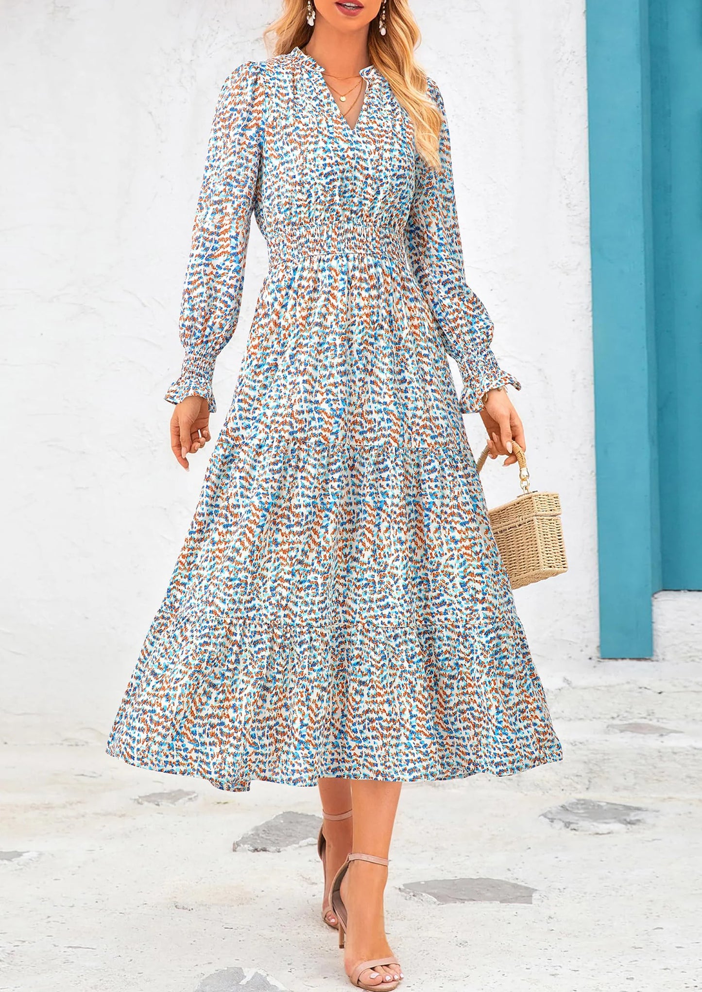 Women's Floral Maxi Dress Spring Long Sleeve V Neck Casual A Line Long Flowy Boho Party Dresses
