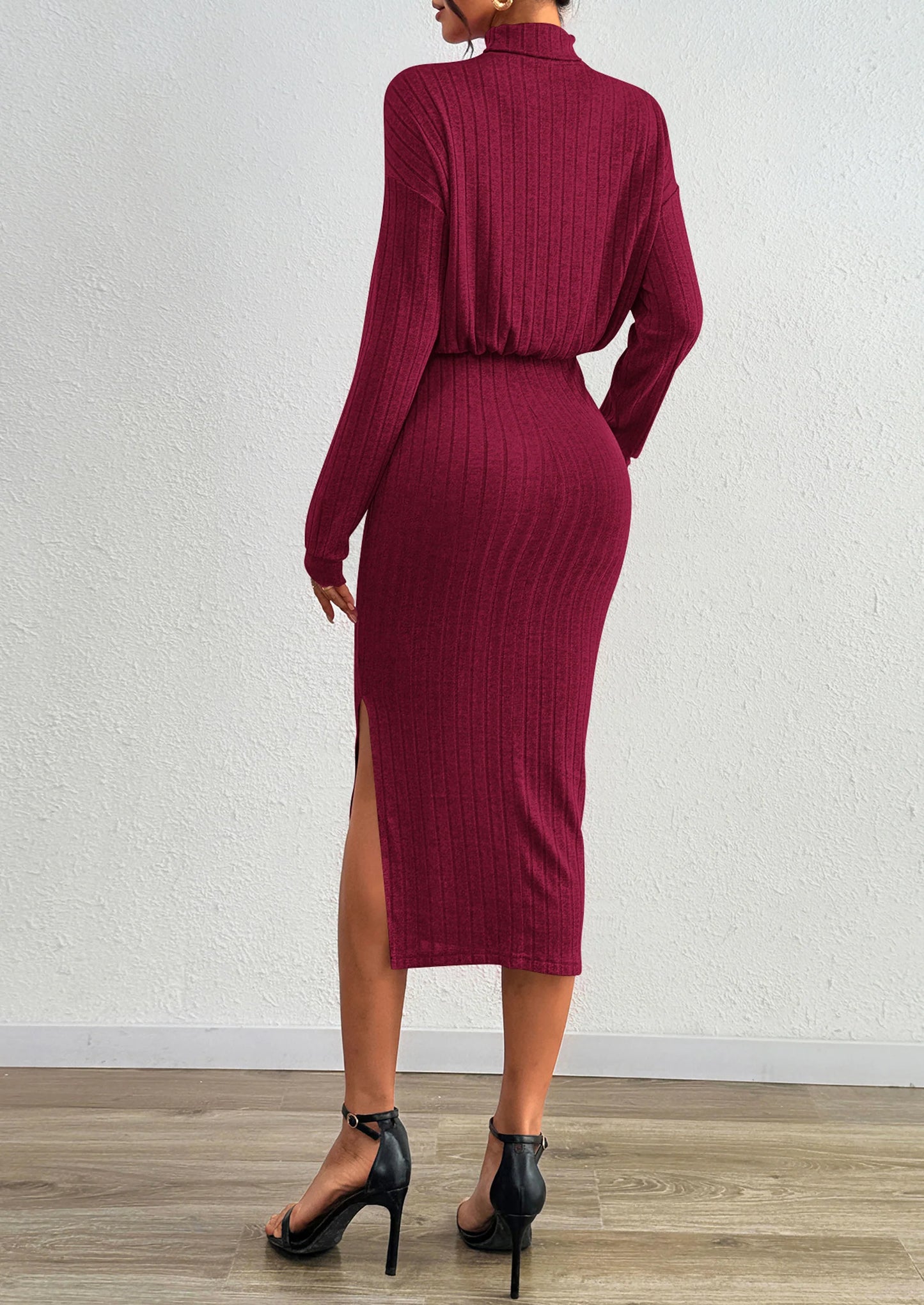 Turtle Neck Dresses for Women Fall Knit Outfits Slit Elastic Waist Long Sleeve Bodycon Midi Sweater Dress