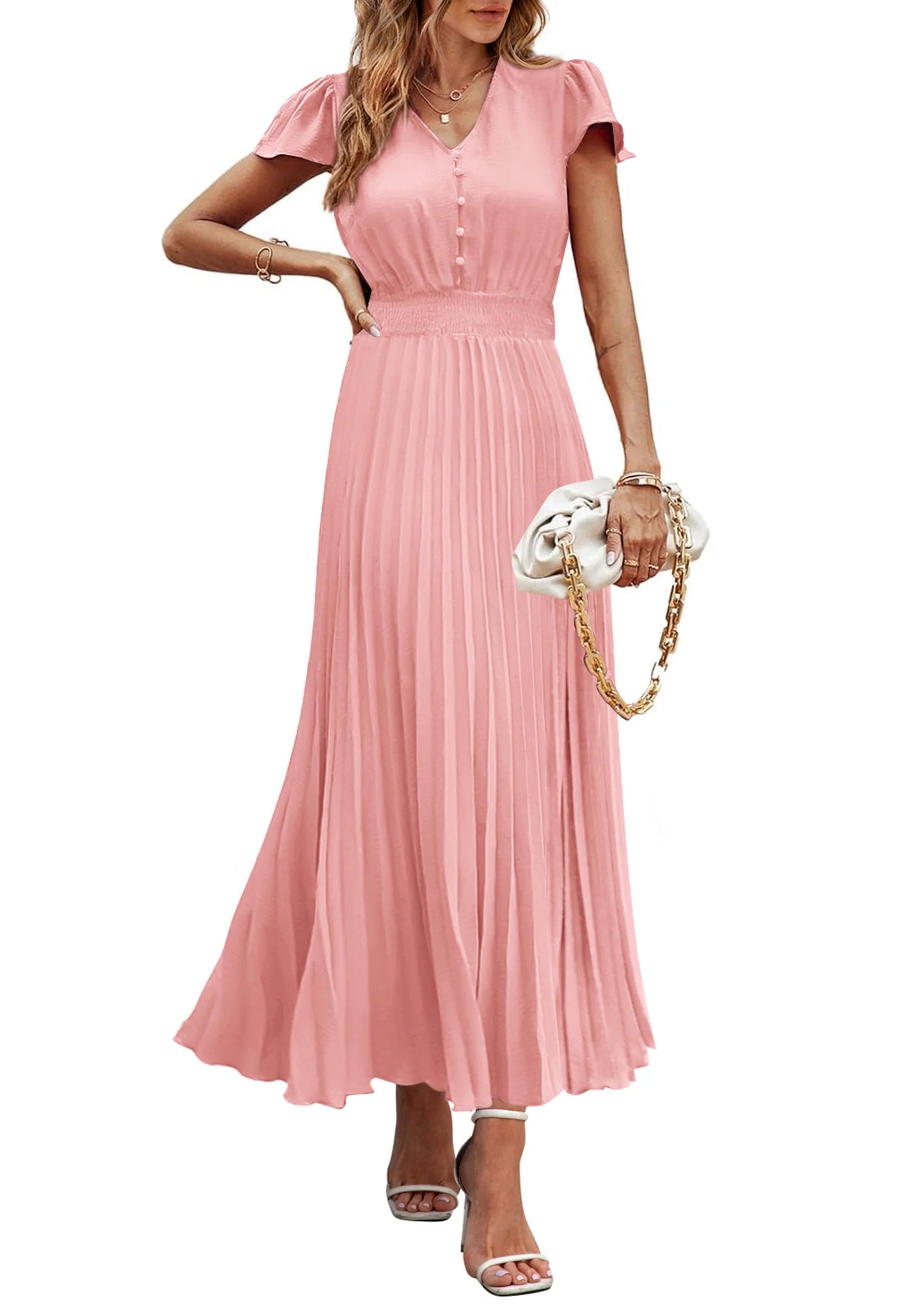 Women's Maxi Dresses Summer Trendy Cap Short Sleeve Button V Neck Casual Flowy Pleated Long Dress