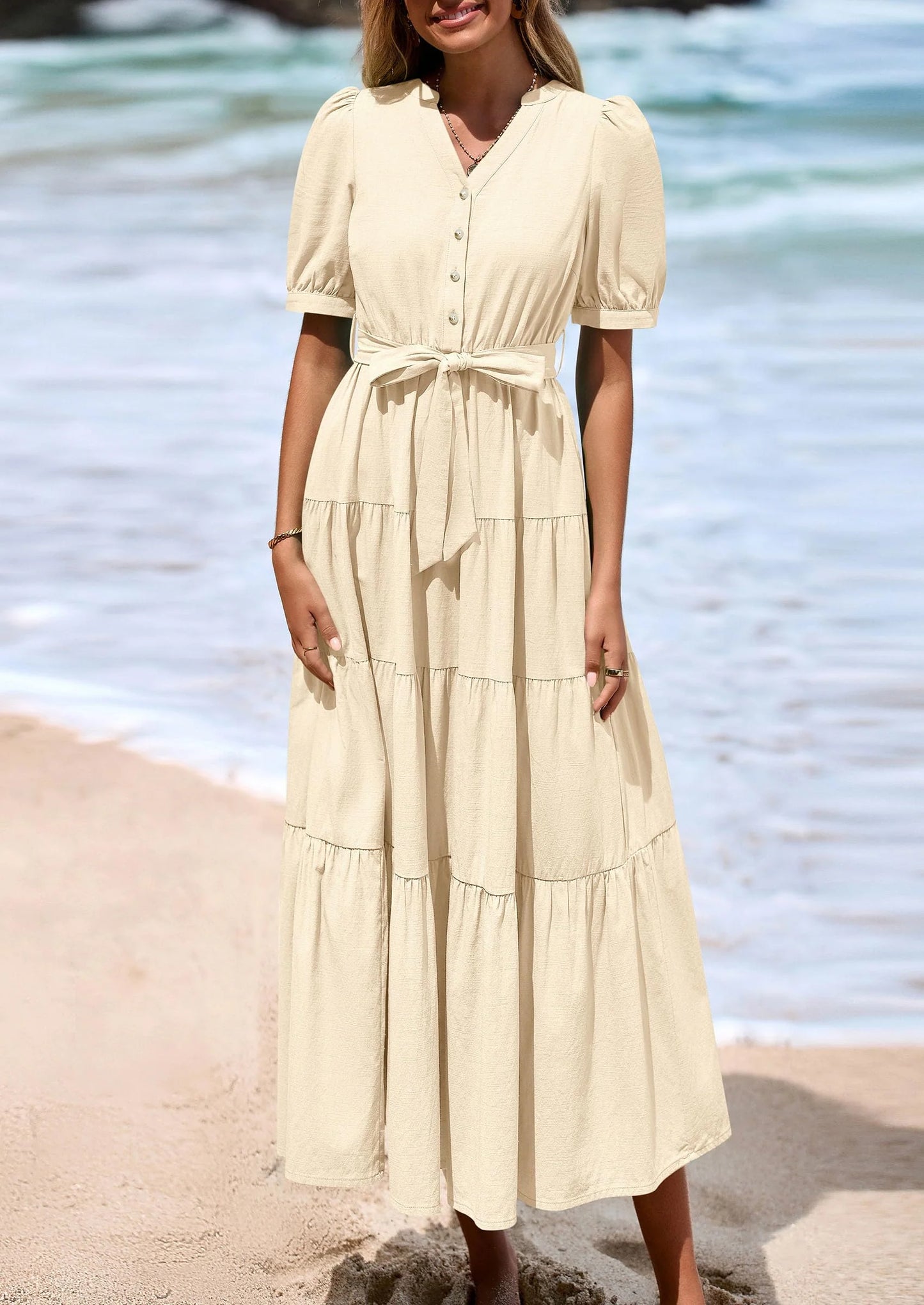 Women's Midi Dress Casual Short Sleeve V Neck Buttons Belted Ruffle A Line Flowy Dress with Pockets