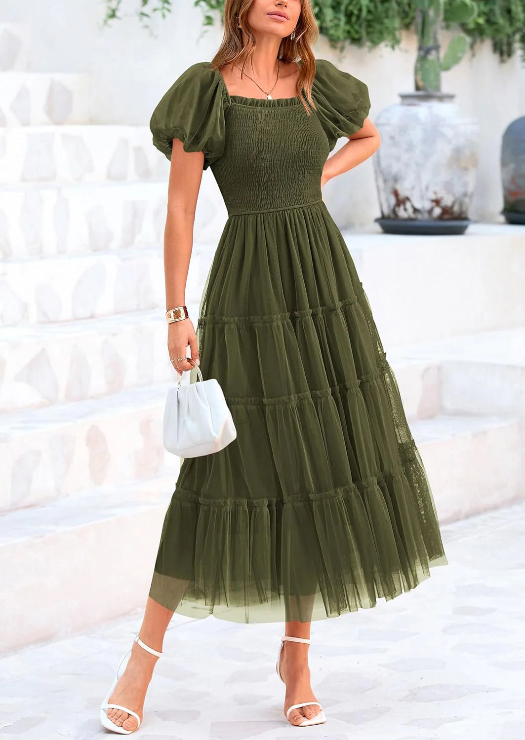 Women's Smocked Tulle Midi Dress Square Neck Puffy Short Sleeve Ruffle Wedding Guest Party Dresses