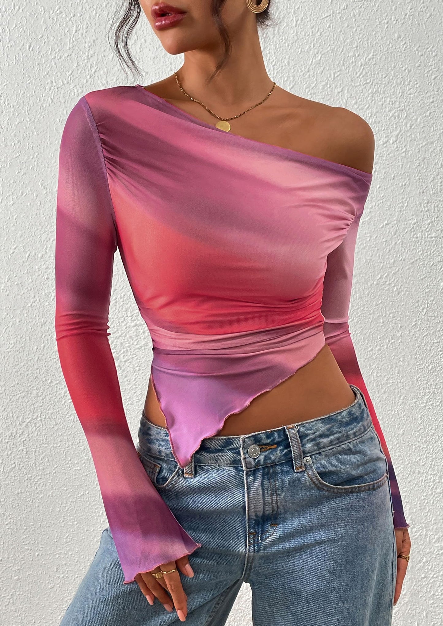 Womens Fall Trendy Off Shoulder Tops Tie Dye Mesh Long Sleeve Shirts Asymmetrical Ruched Floral Blouse