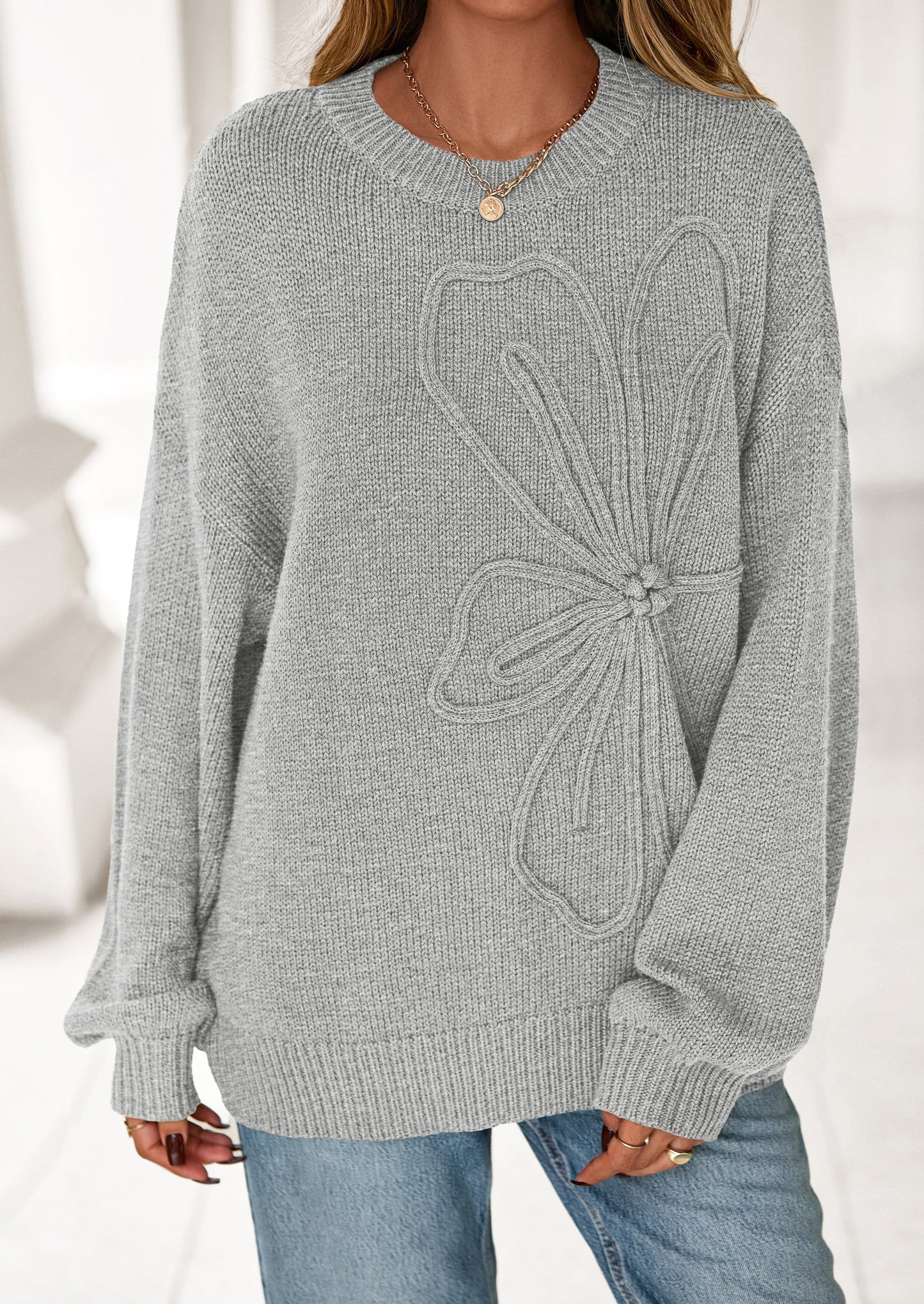 Womens Sweaters Fall Fashion Long Sleeve Crewneck Floral Knit Pullover Sweater Tops Winter Clothes